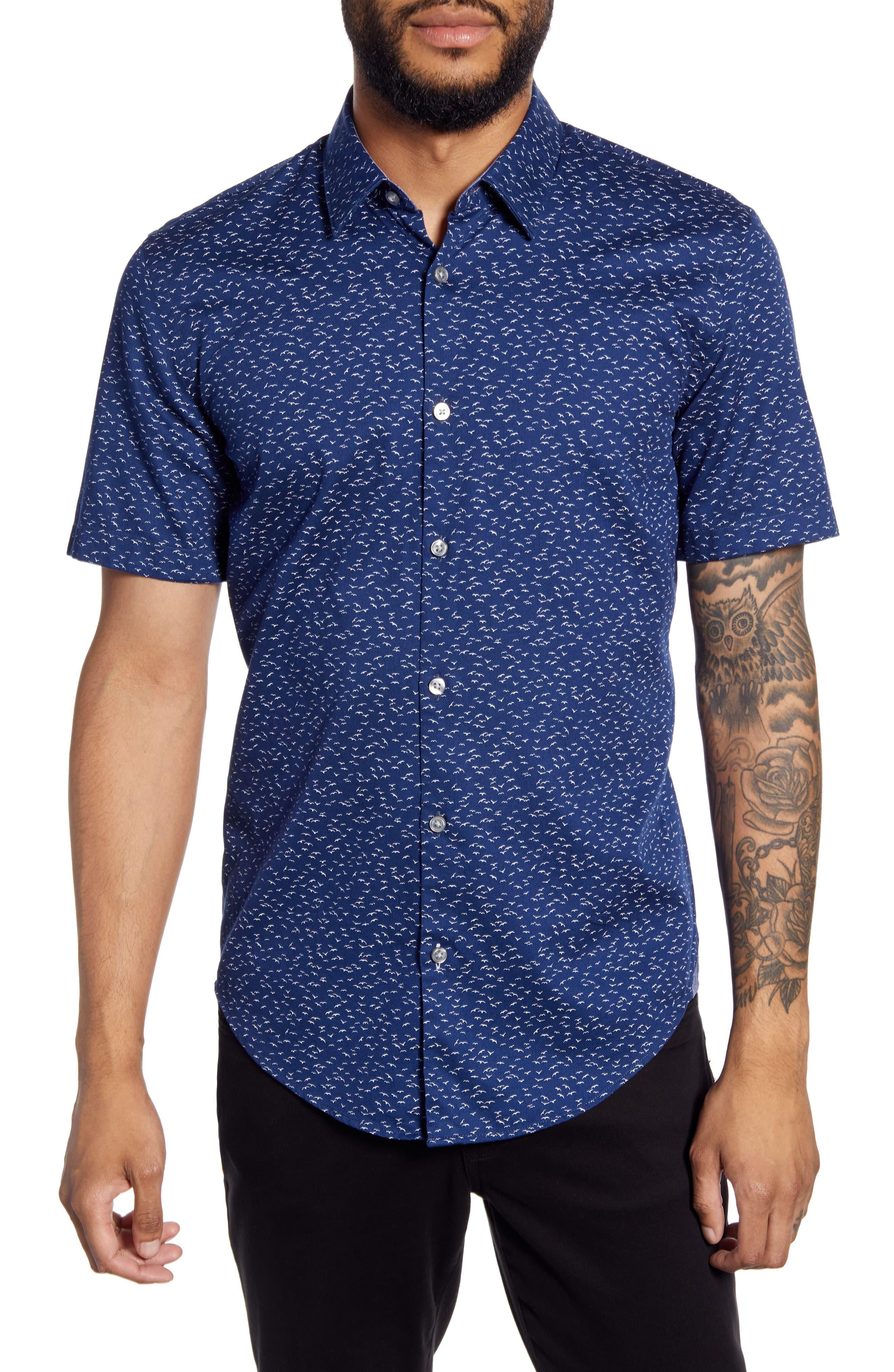 BOSS Slim-fit Short-sleeved Shirt With Exclusive Bird Print in Blue for ...