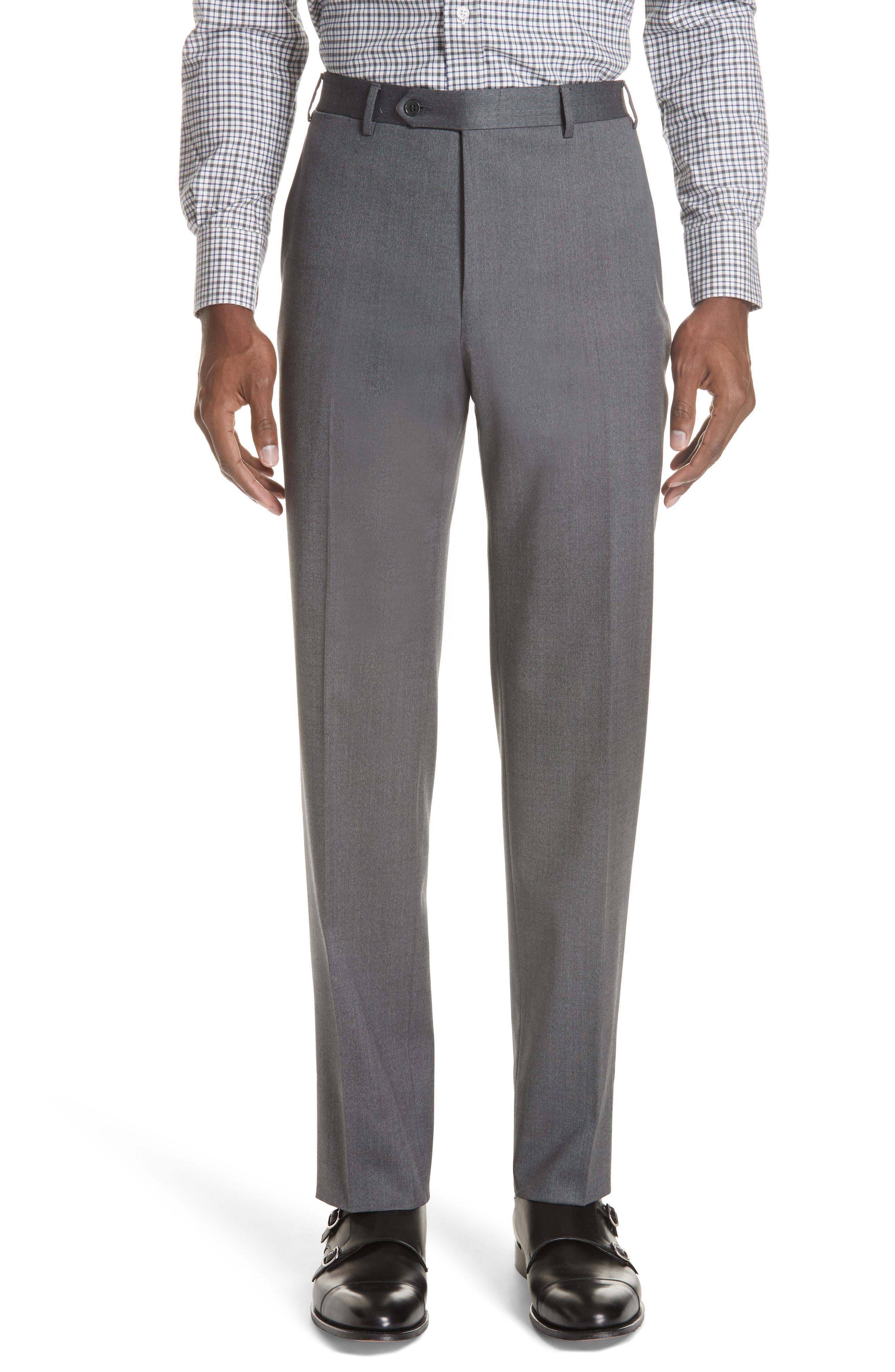 Lyst - Canali Cavaltry Flat Front Solid Stretch Wool Trousers in Gray ...