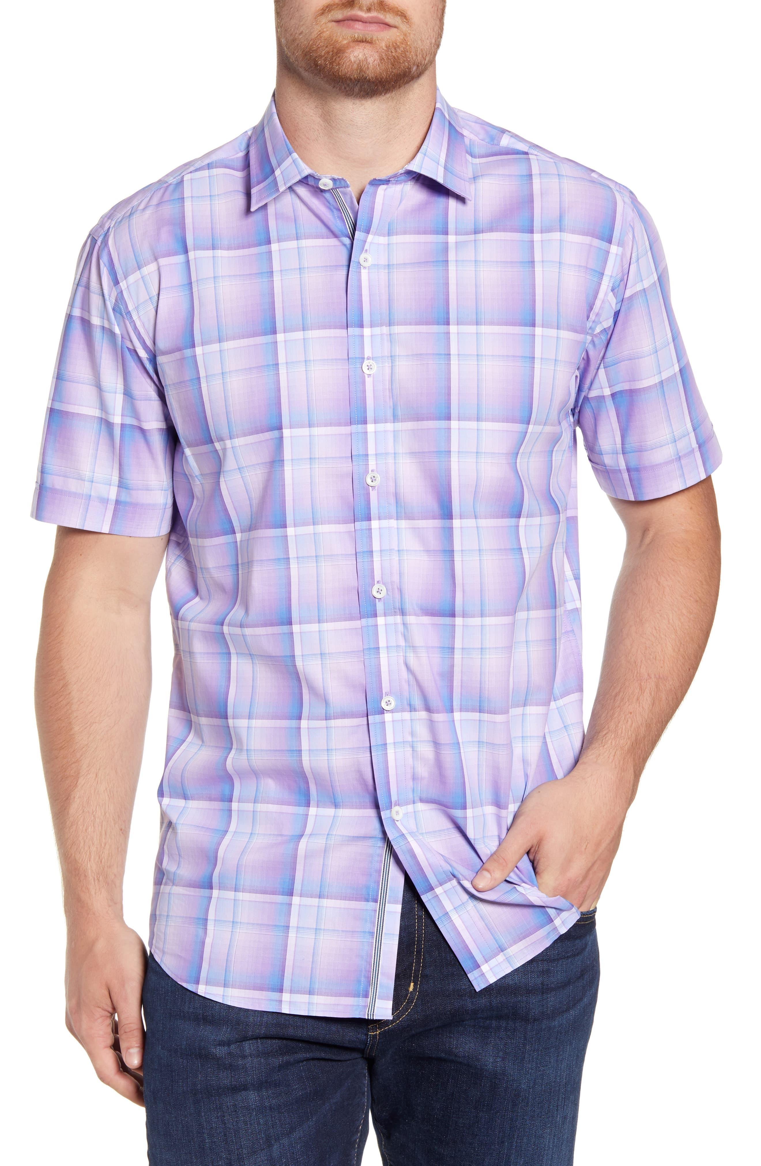 Bugatchi Shaped Fit Plaid Short Sleeve Button-up Sport Shirt in Blue ...