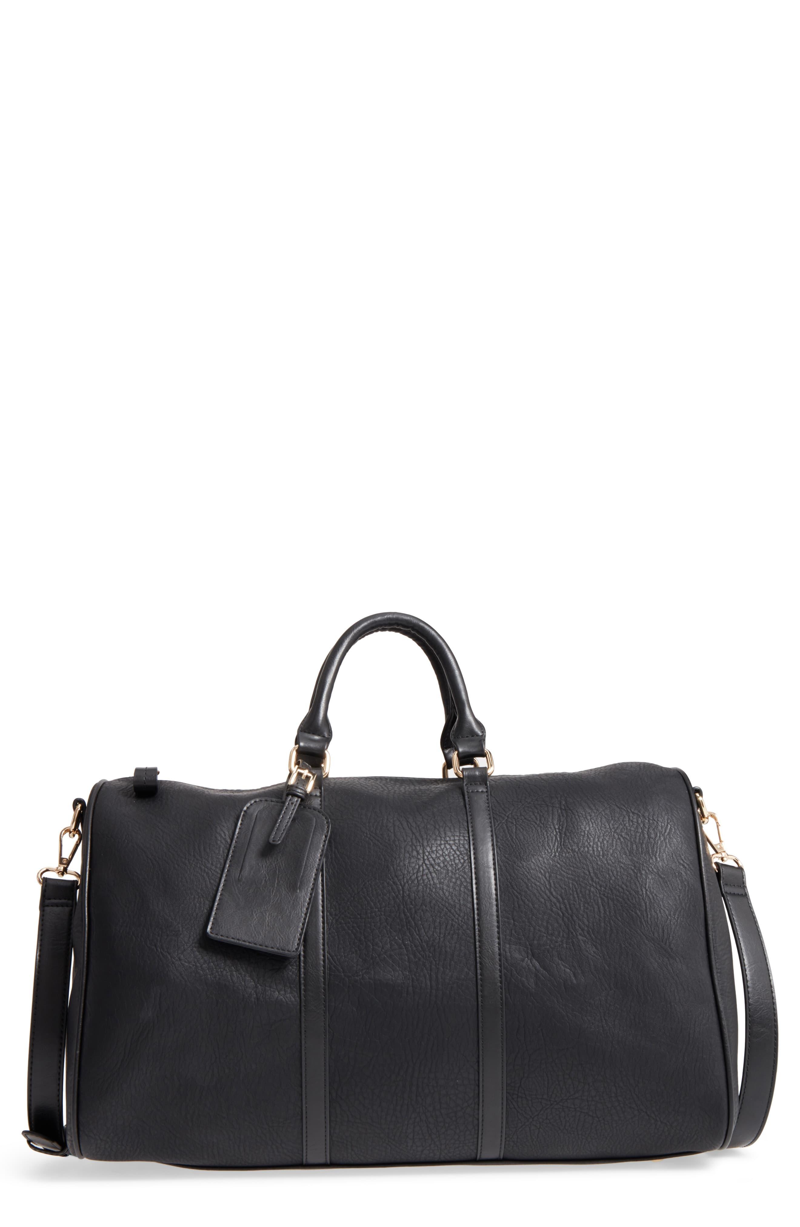 black faux leather duffle bag