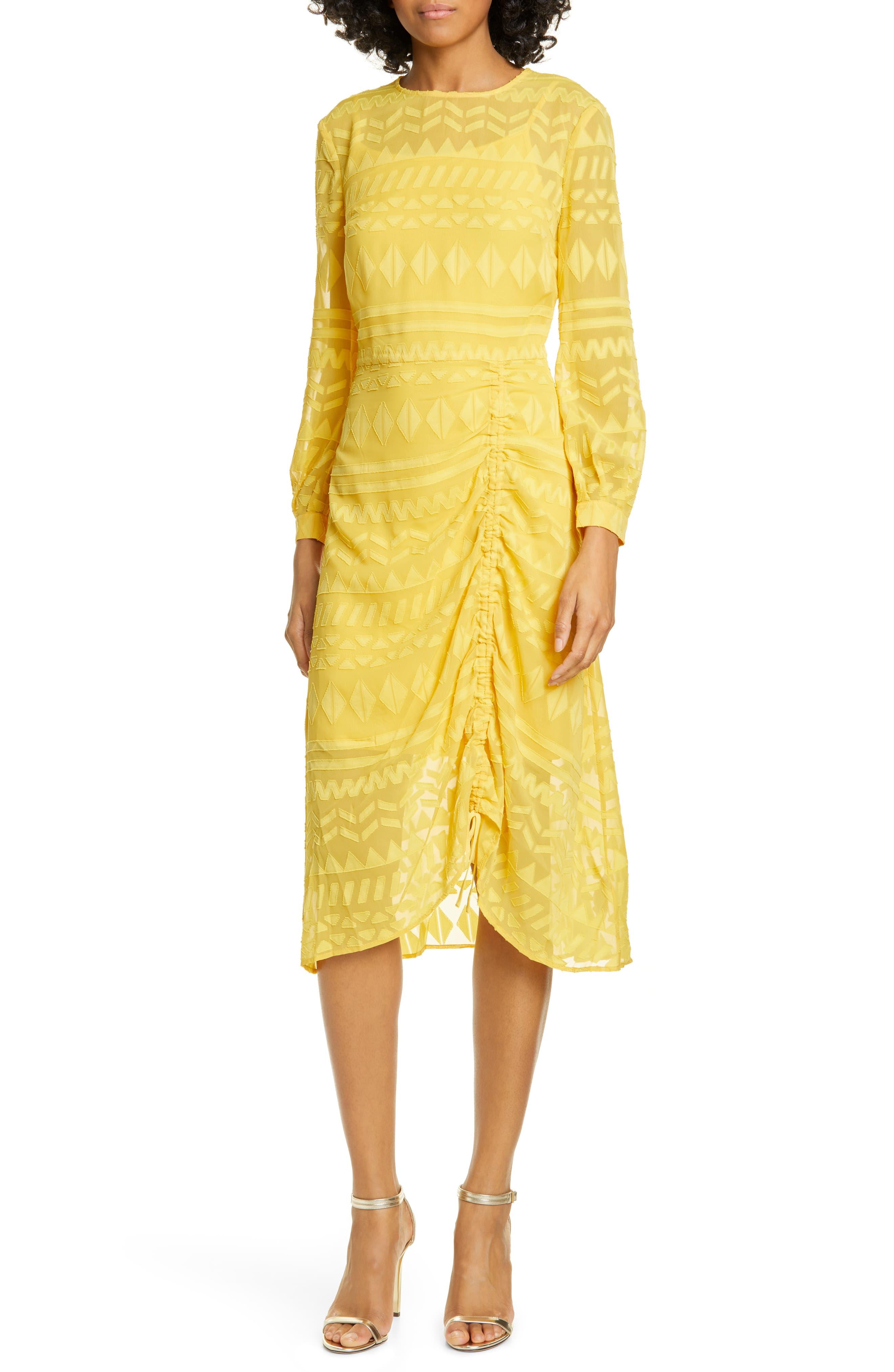 Ted Baker Safa Long Sleeve Ruched Burnout Lace Dress in Yellow - Lyst