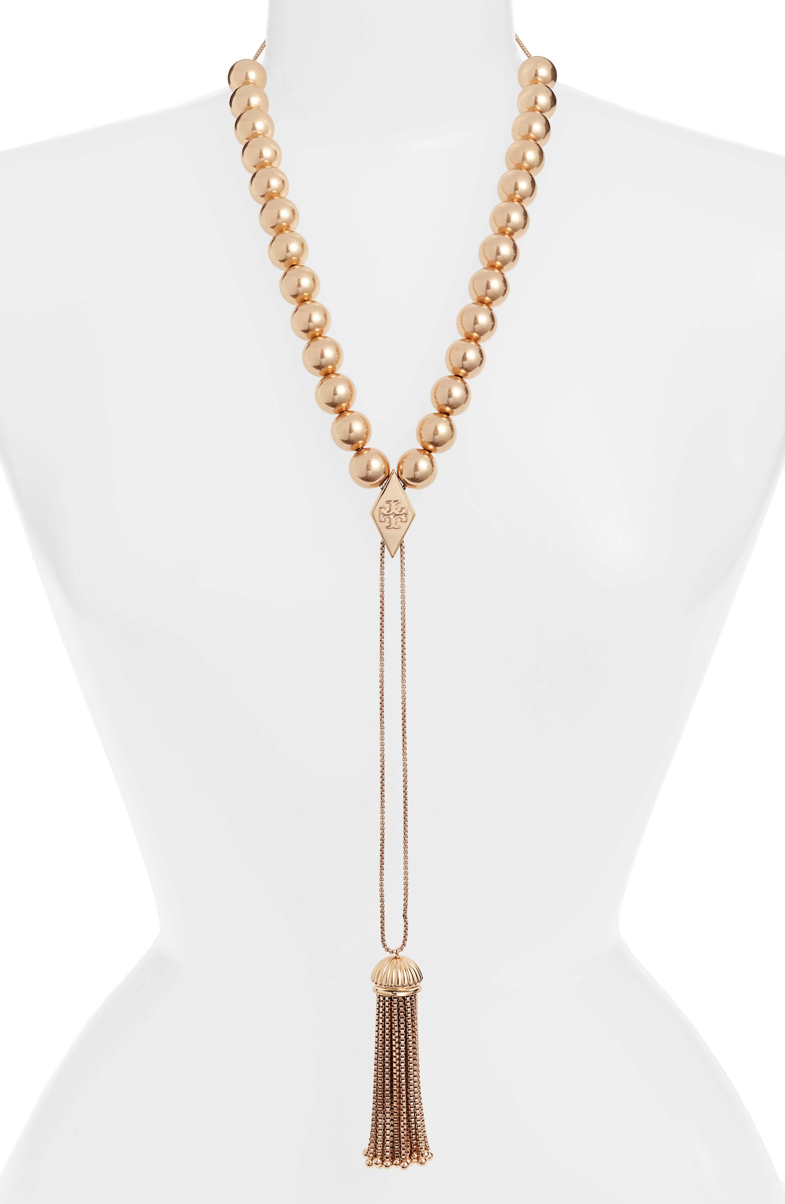 Lyst - Tory Burch Statement Beaded Tassel Slider Necklace in Metallic