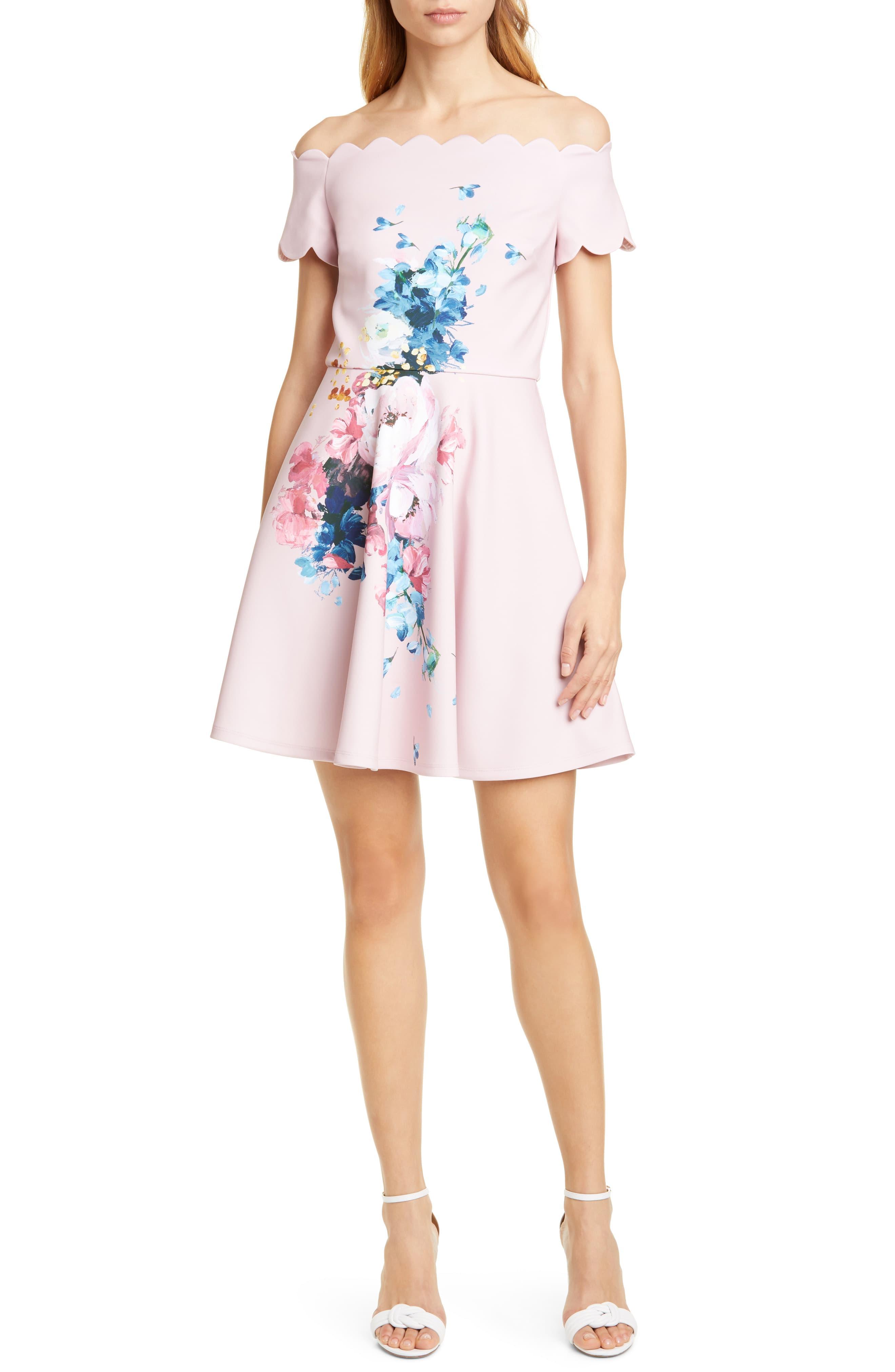 Ted Baker Raspberry Floral Scallop Off The Shoulder Skater Dress in Pink - Lyst