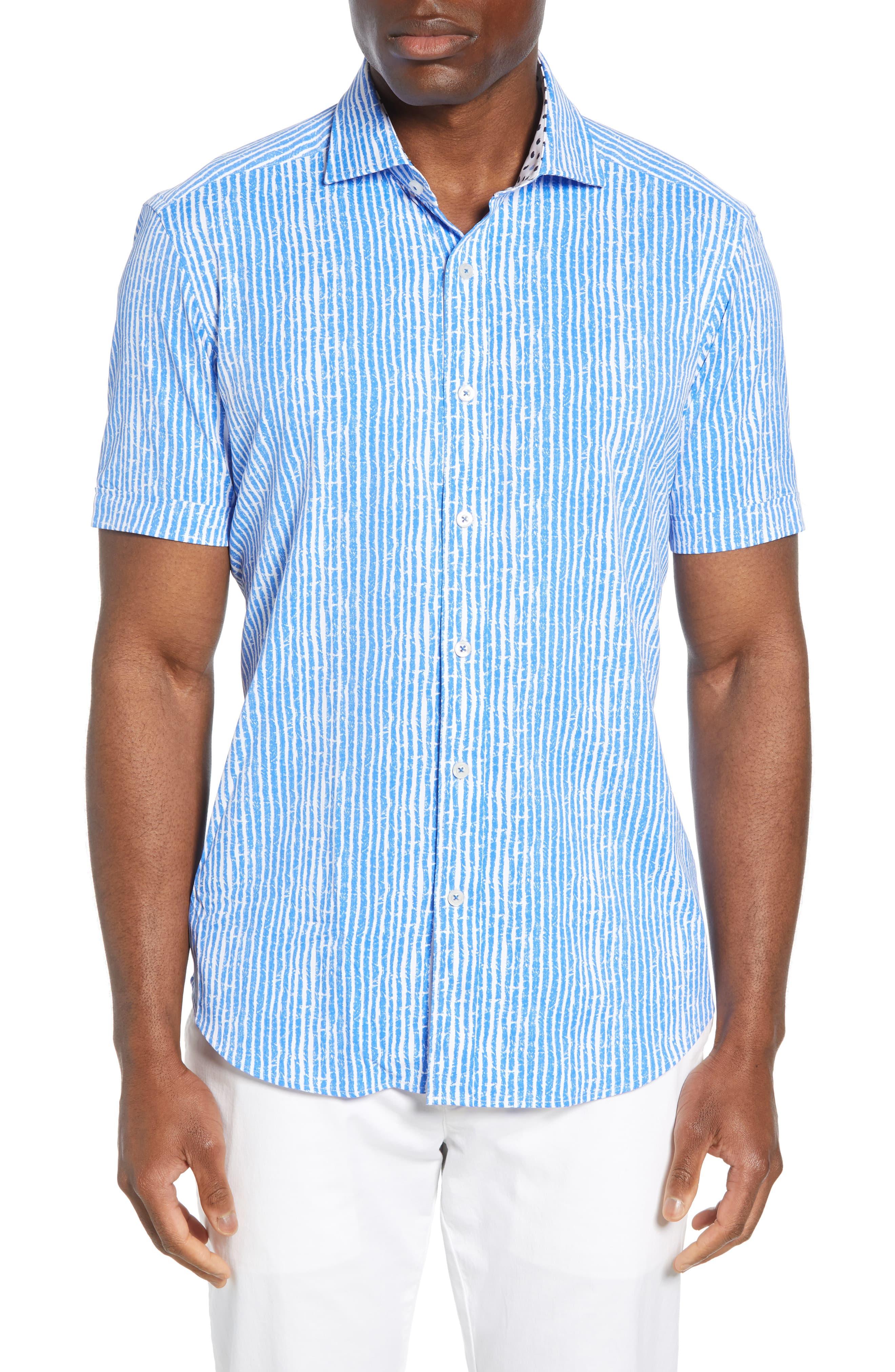 Bugatchi Shaped Fit Stripe Performance Sport Shirt in Blue for Men - Lyst