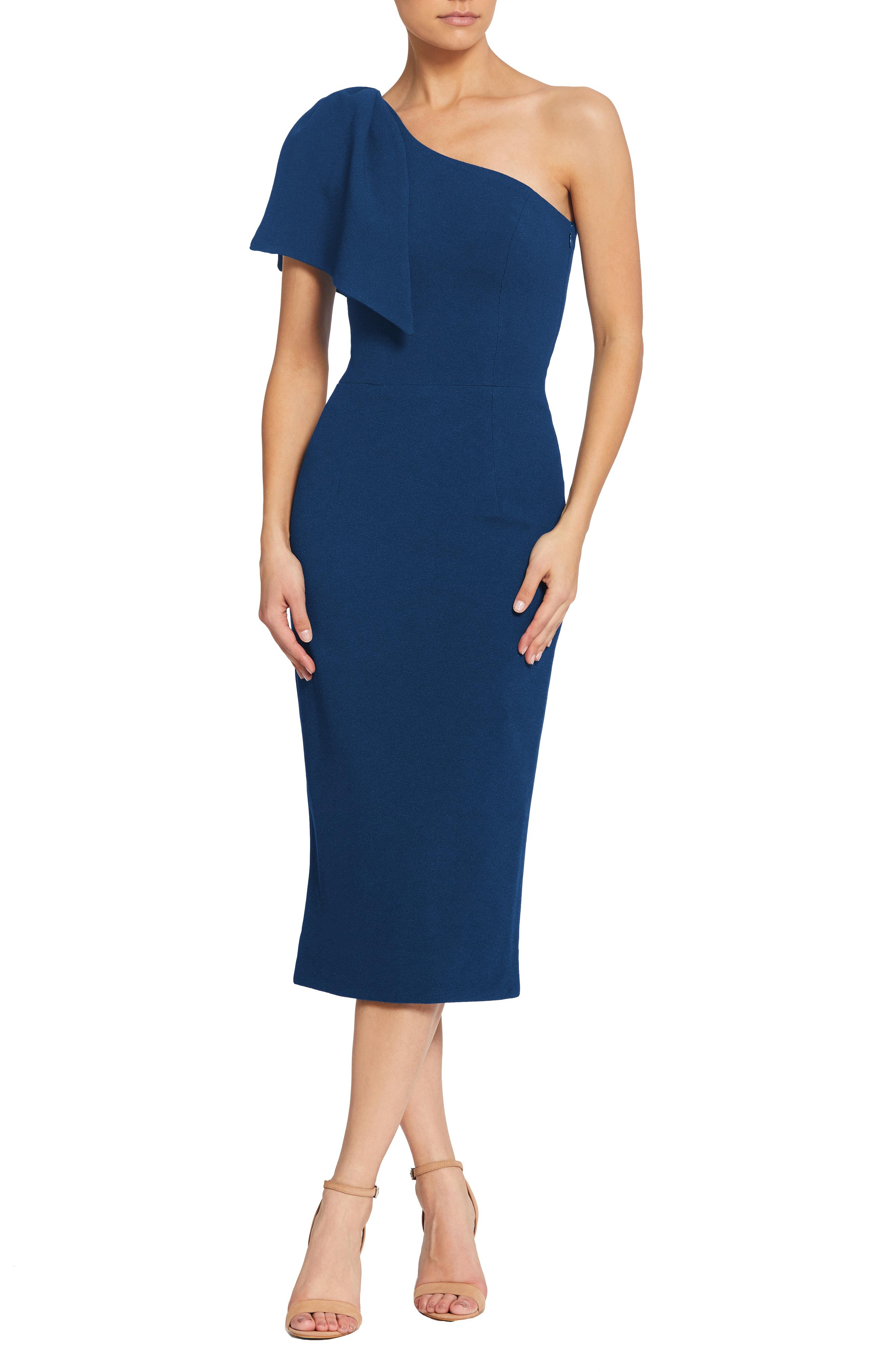 Lyst - Dress the Population Tiffany One-shoulder Midi Dress in Blue