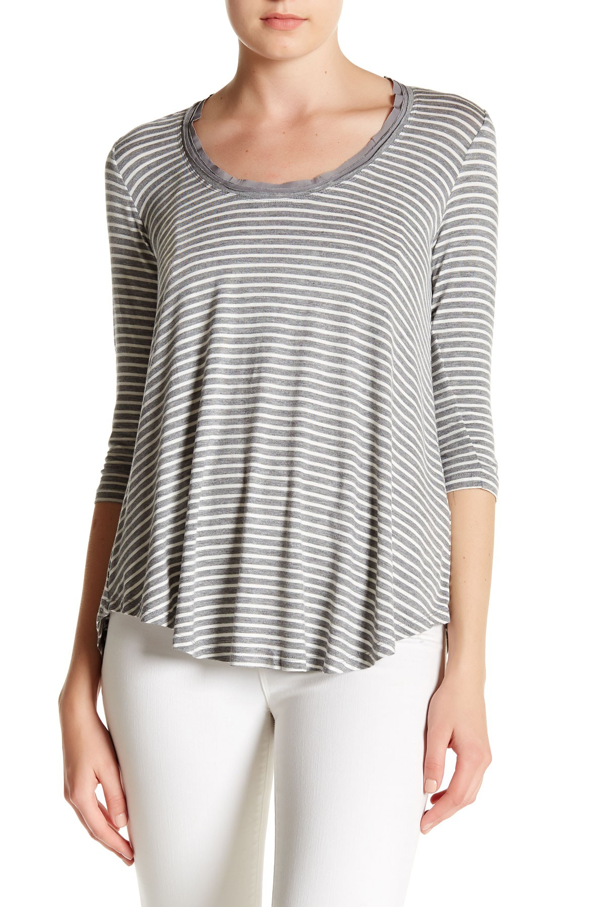 lyst by bordeaux 3 4 sleeve scoop neck stripe in gray lyst by bordeaux 3 4 sleeve scoop neck stripe in gray