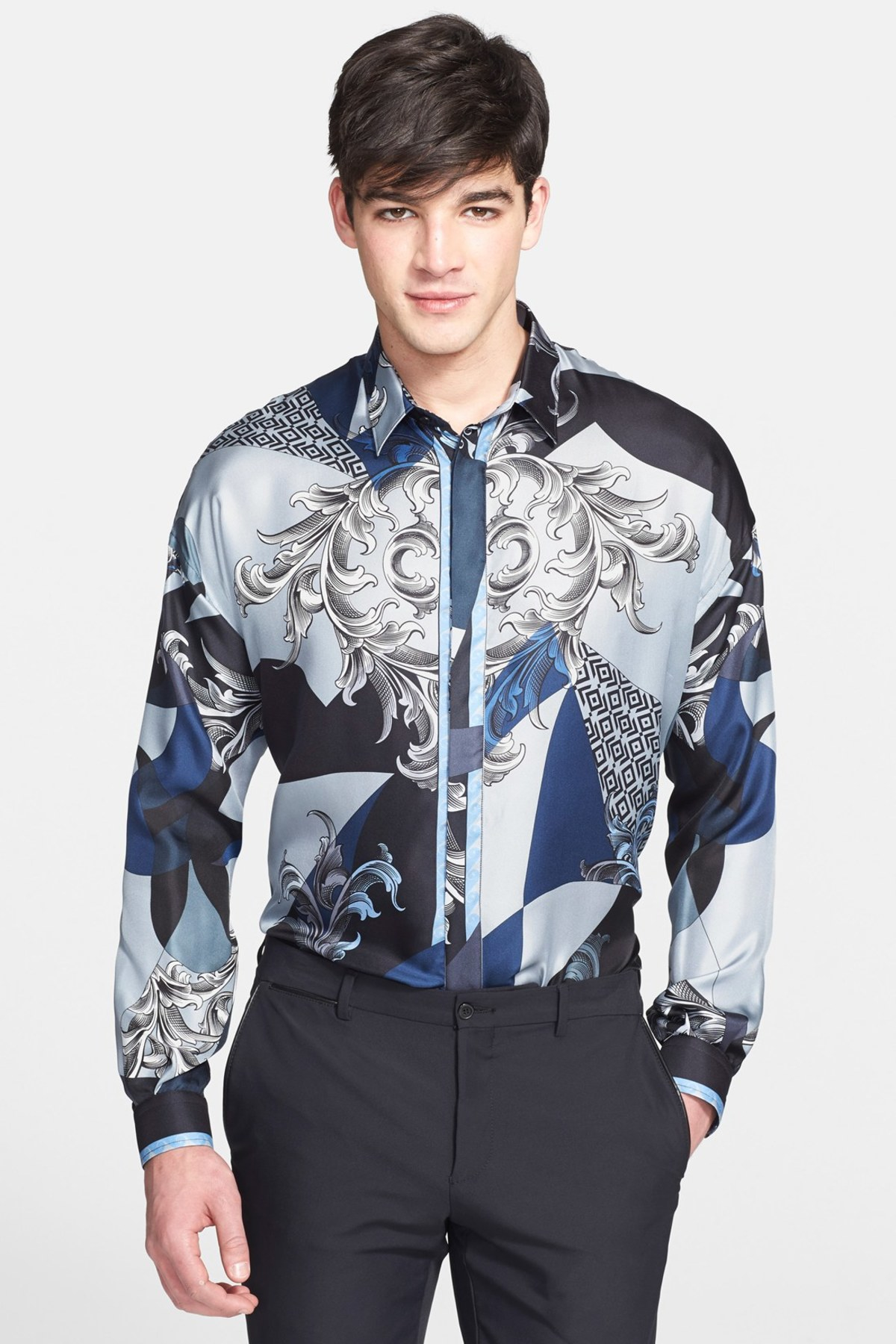 Lyst - Versace Baroque & Star Printed Long-sleeve Silk Shirt in Blue ...