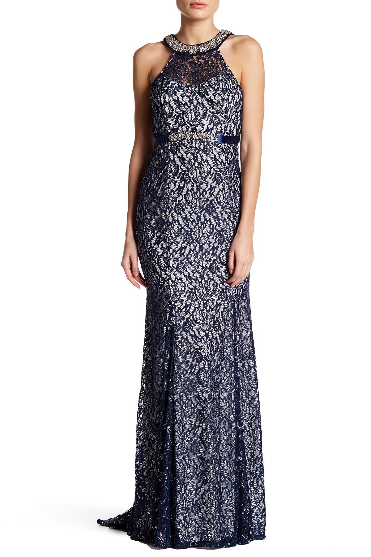 Sequin hearts Embellished Neck Lace Gown in Blue | Lyst
