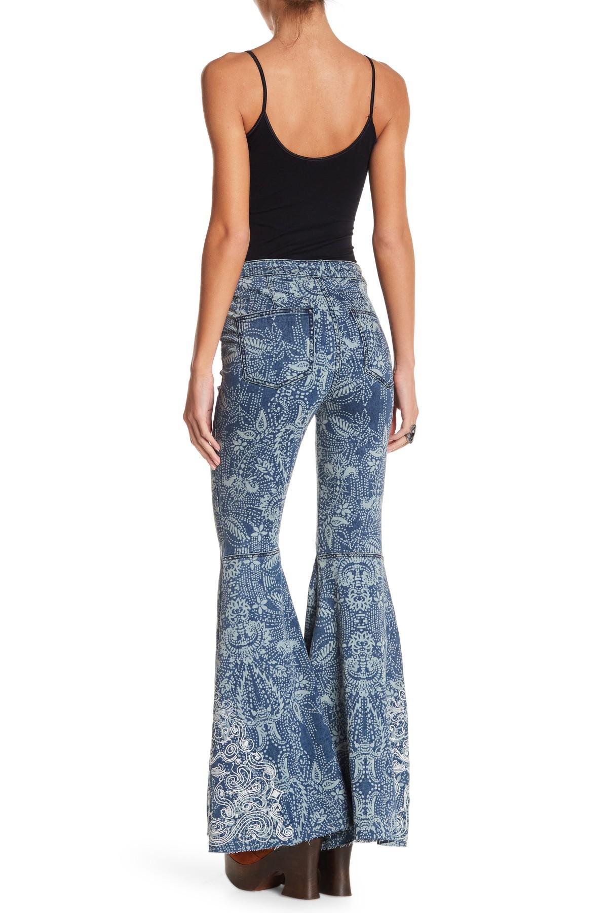 Lyst - Free People Embroidered Bell Bottom Jeans in Blue