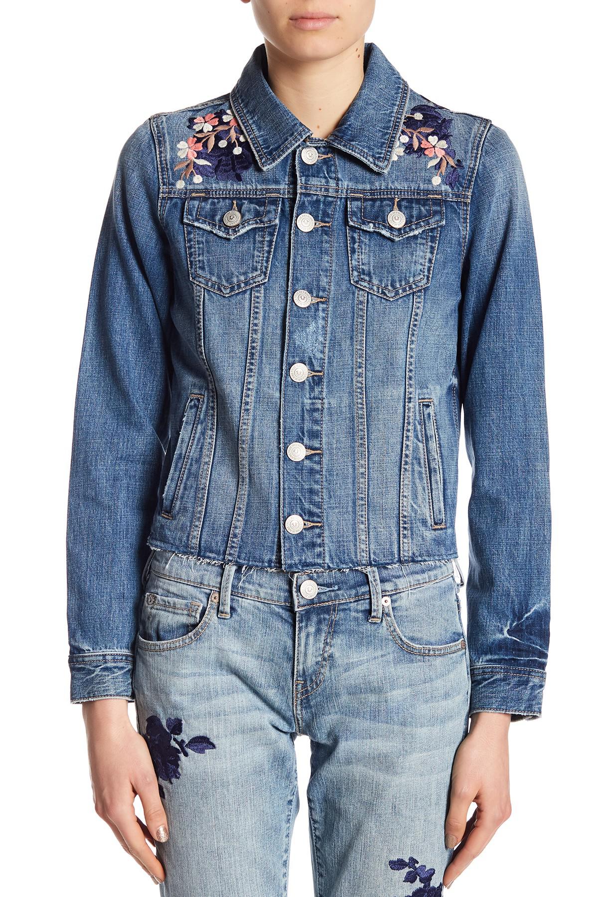 Lyst - True Religion Danni Floral Embroidered Denim Jacket in Blue