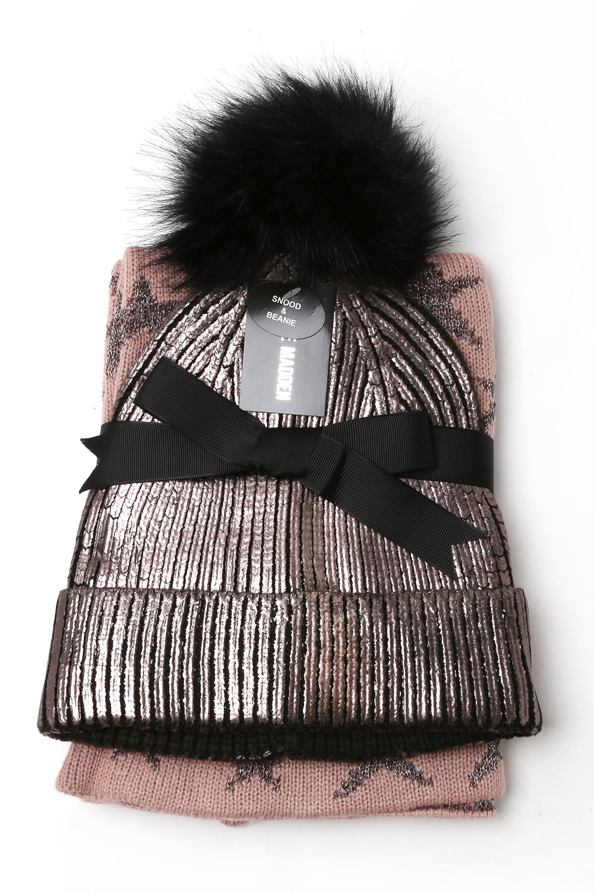 Lyst - Steve Madden Metallic Faux Fur Pompom Beanie & Star Scarf Set ... Gallery