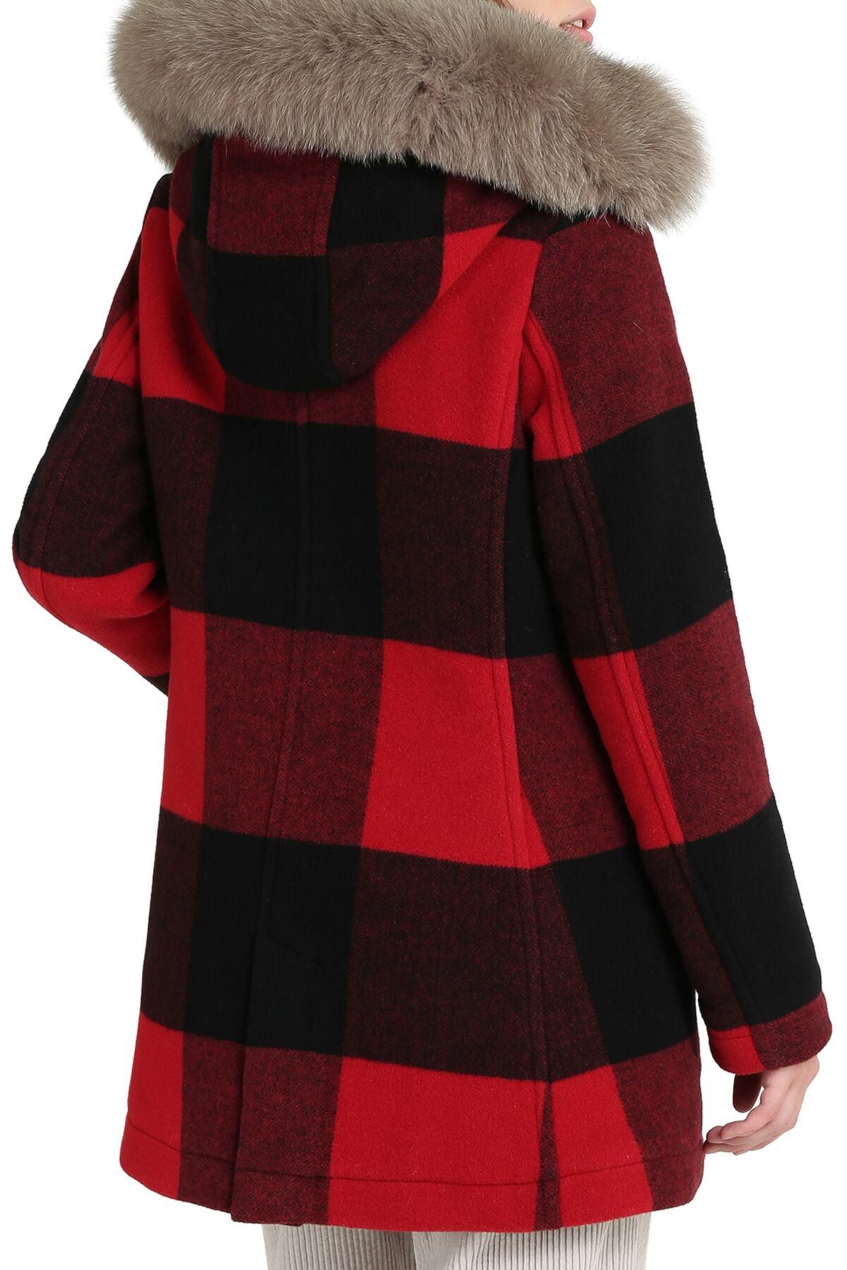 Woolrich Mckenzie Checked Wool Parka With Fox Fur in Red - Lyst