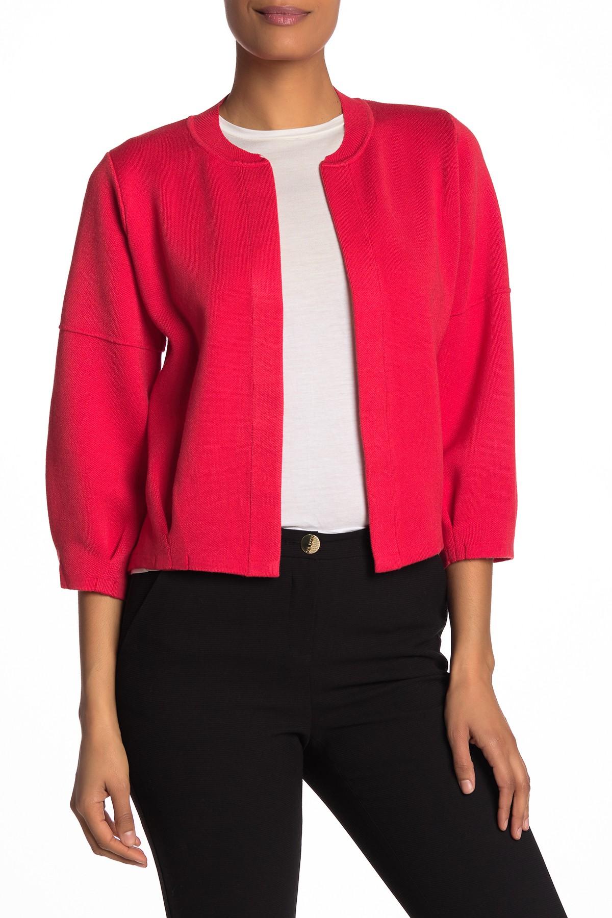Lyst - T Tahari 3/4 Sleeve Open Front Knit Cardigan in Red