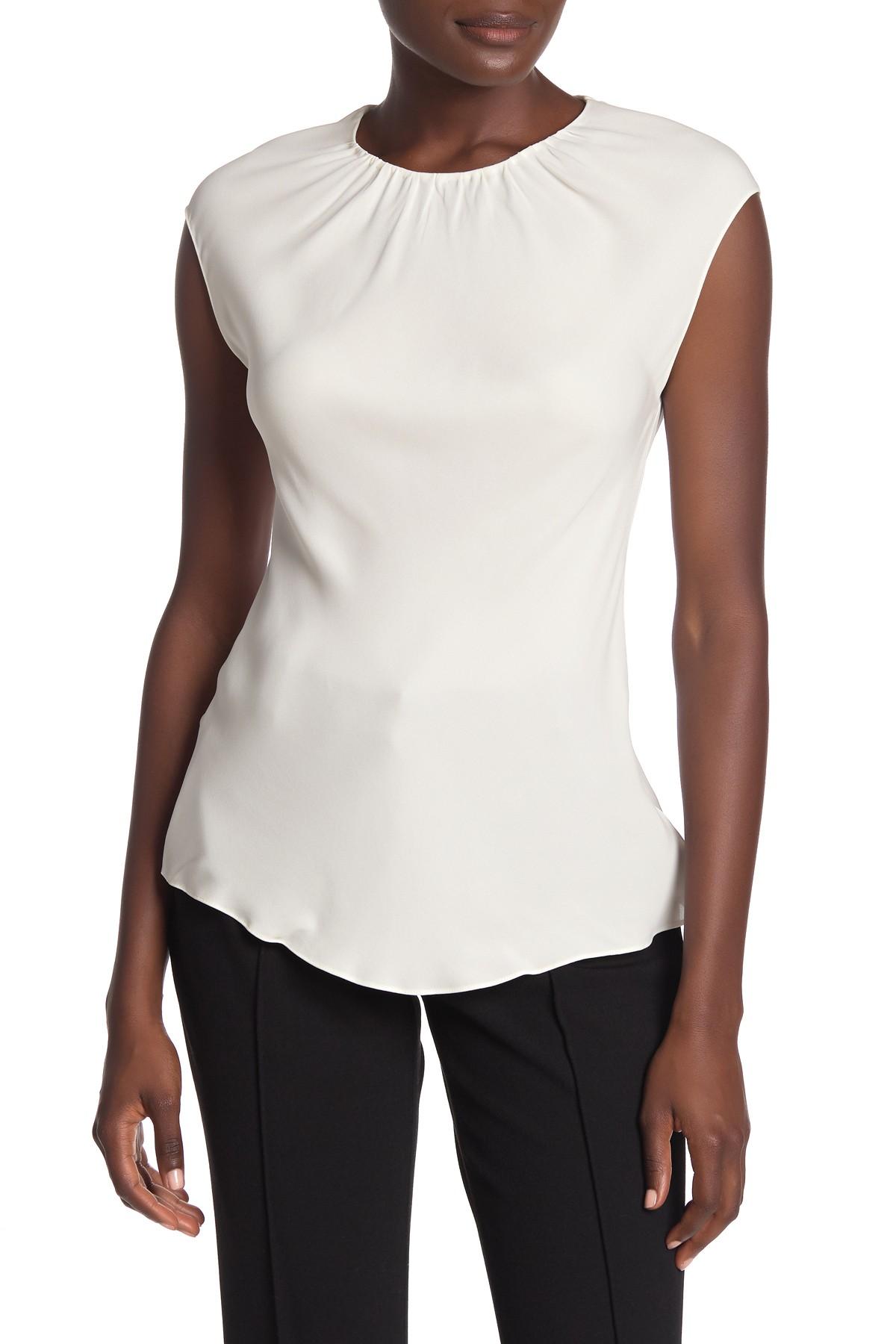 Theory Gathered Cap Sleeve Silk Blouse in White - Lyst