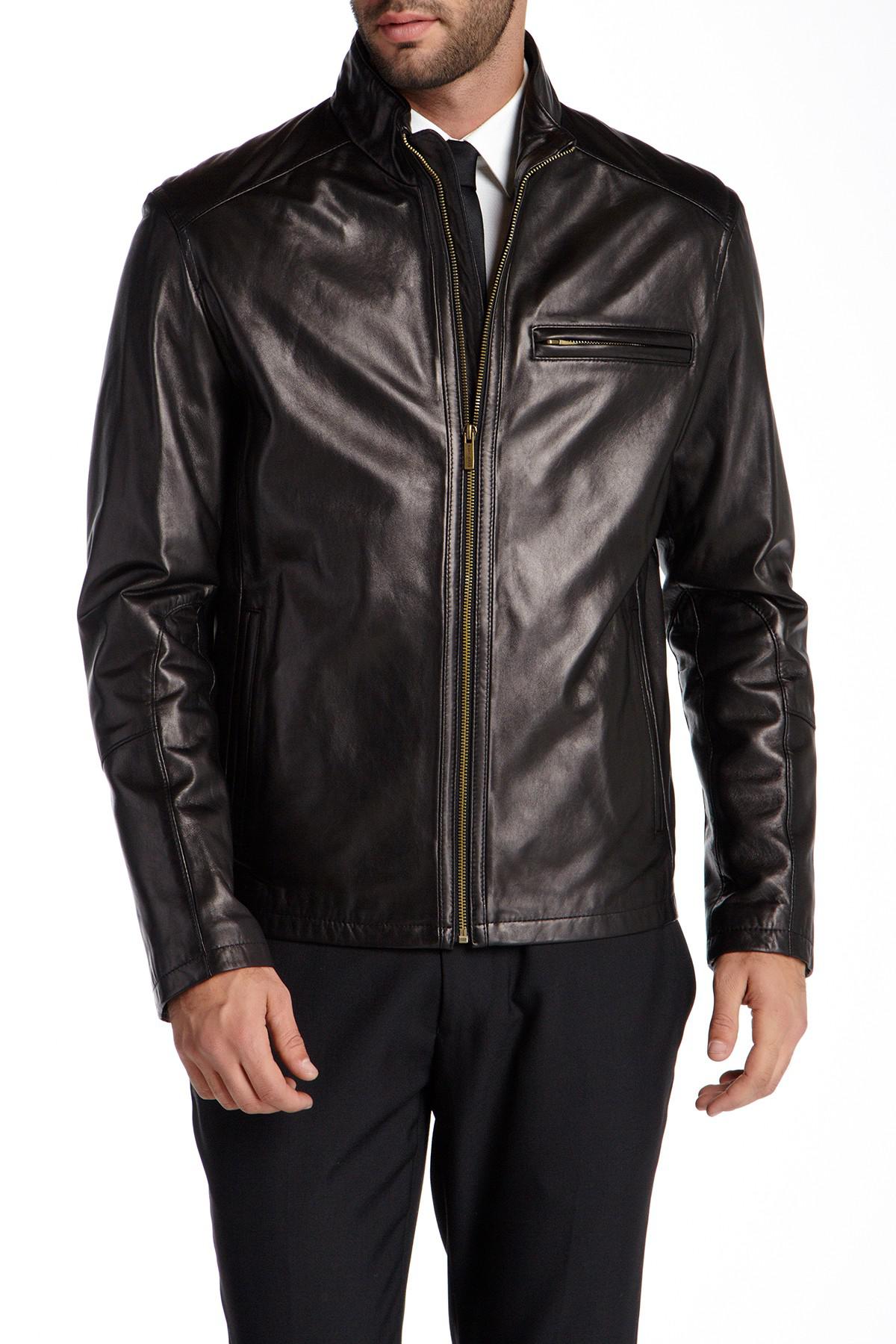 Lyst Cole Haan Lambskin Leather Moto Jacket in Black for Men
