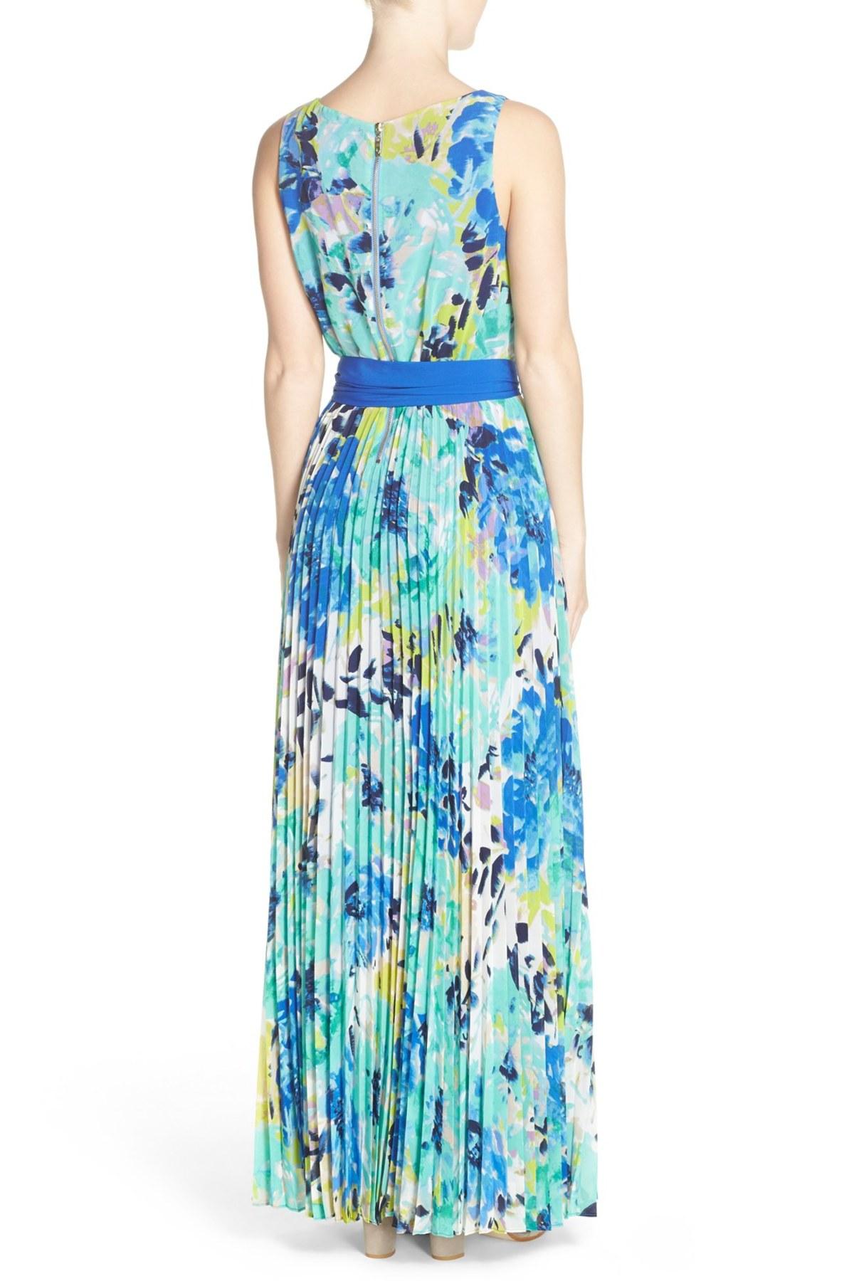 Lyst - Eliza J Pleat Floral Chiffon Maxi Dress in Blue