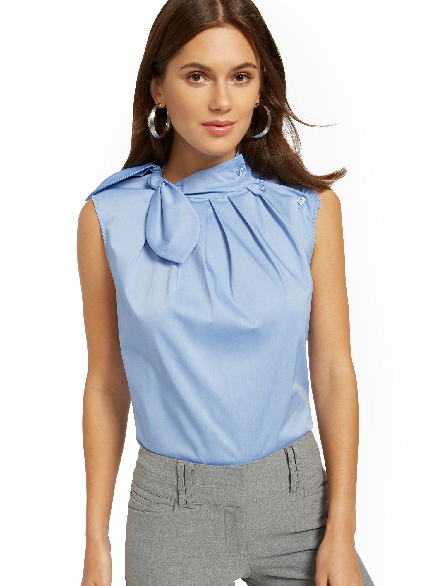 New York & Company Cotton Button-accent Bow-detail Poplin