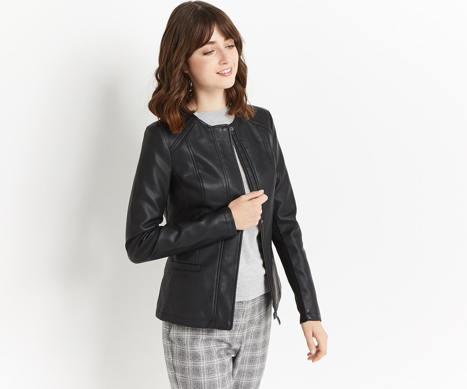 Oasis Faux Leather Collarless Jacket In Black Lyst Gallery Women S Collarless Jackets Leather