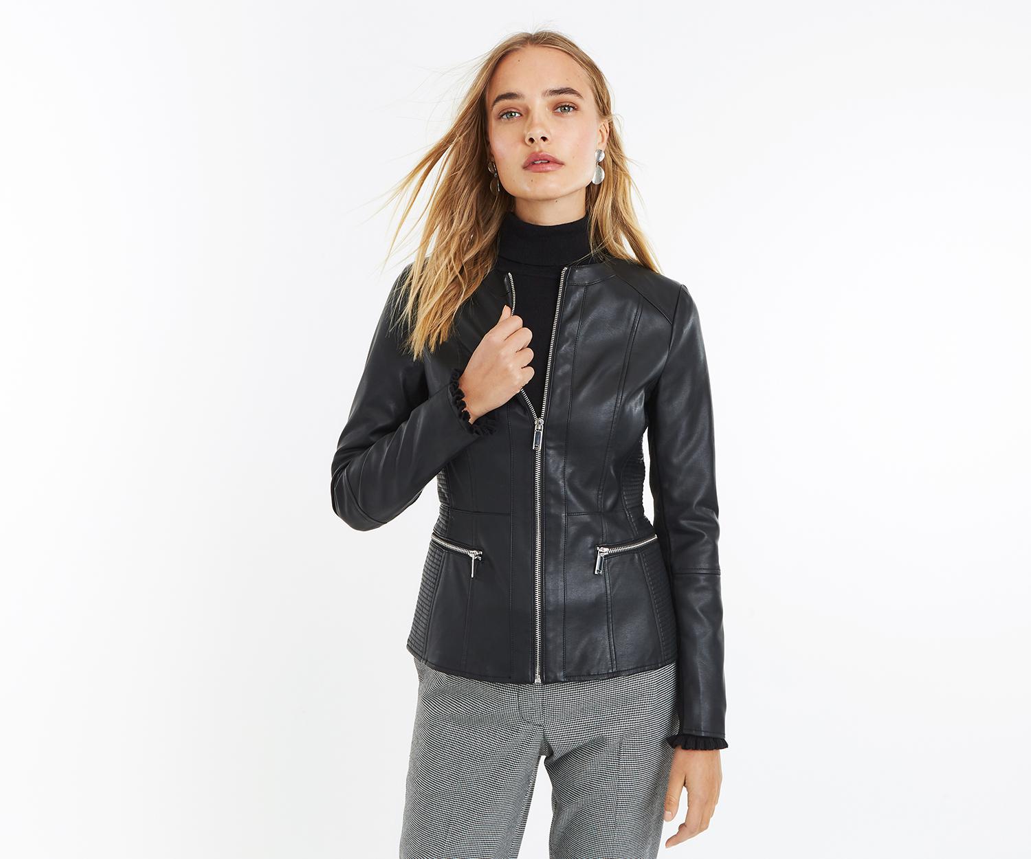 Oasis Faux Leather Jacket In Black Lyst Oasis Women S Black Faux Leather Jacket