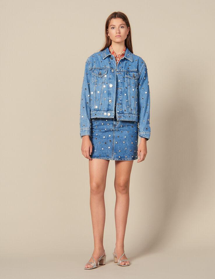 Sandro Denim Jacket Trimmed With Studs In Blue - Lyst