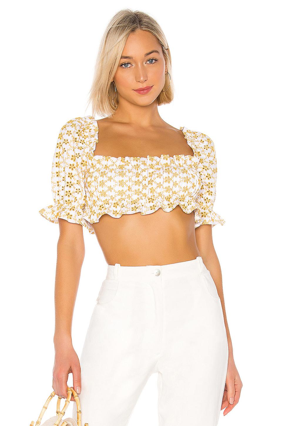 LPA Cotton Cropped Peasant Top With Puff Sleeves in White - Lyst