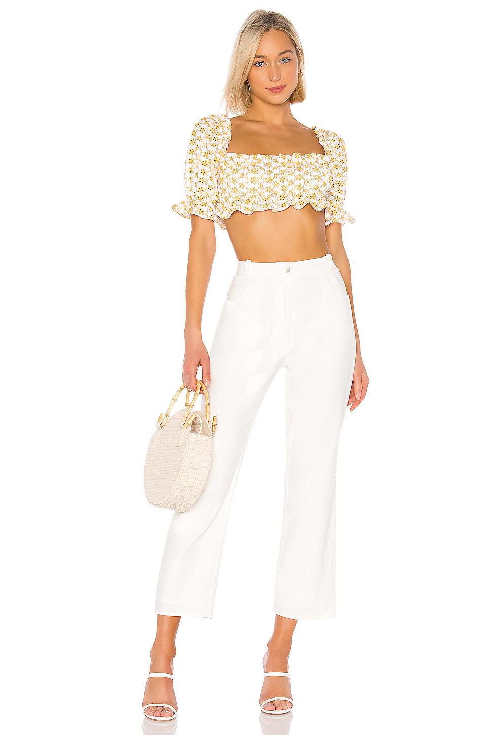 LPA Cotton Cropped Peasant Top With Puff Sleeves in White - Lyst