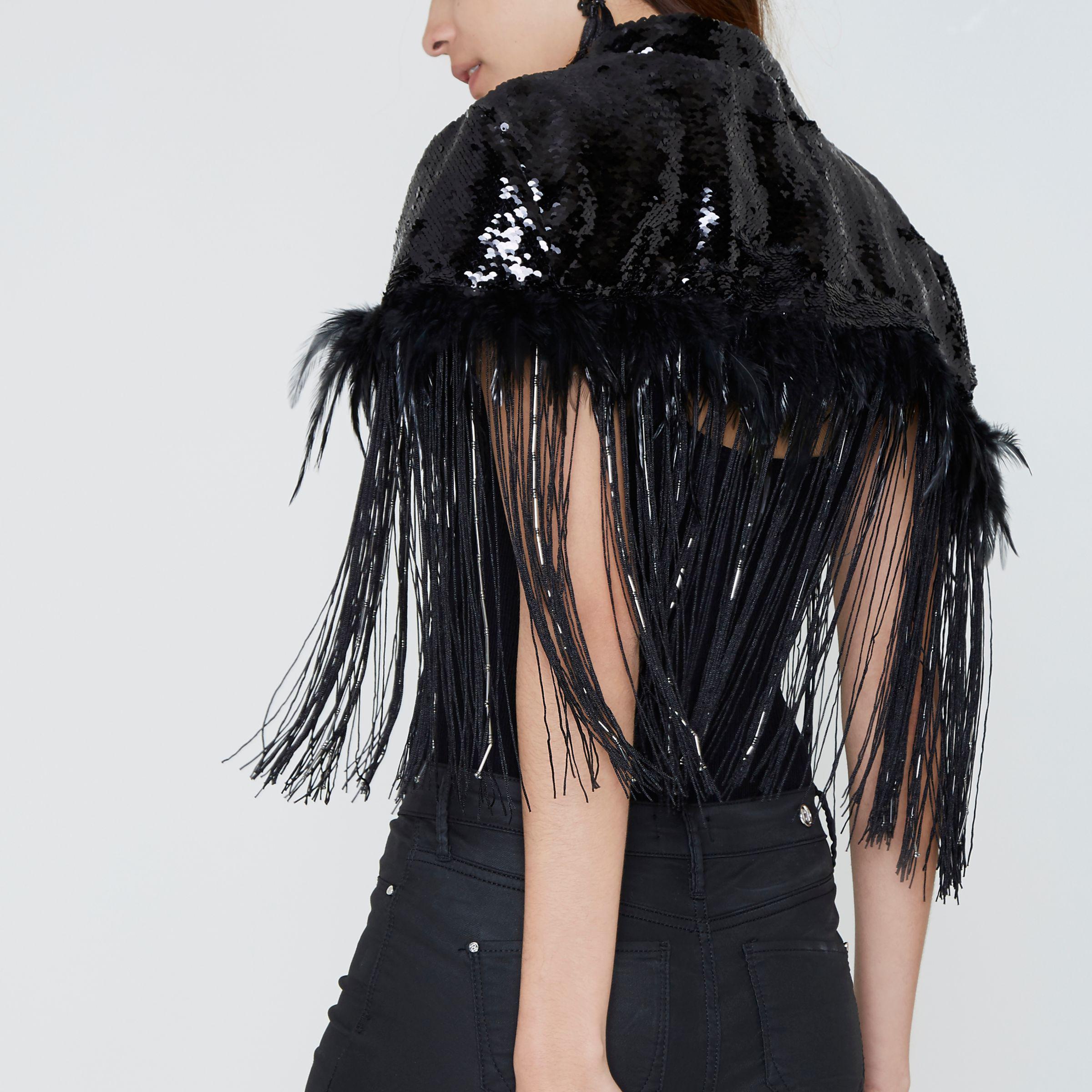 Lyst - River Island Black Sequin Fringed Capelet in Black