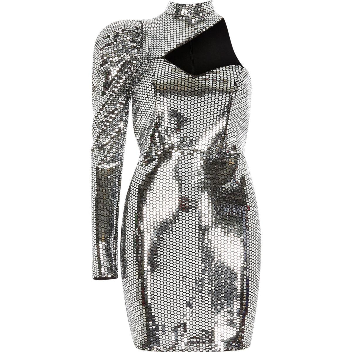 Lyst - River island Silver Mirror Sequin One Sleeve Cut Out Dress ...