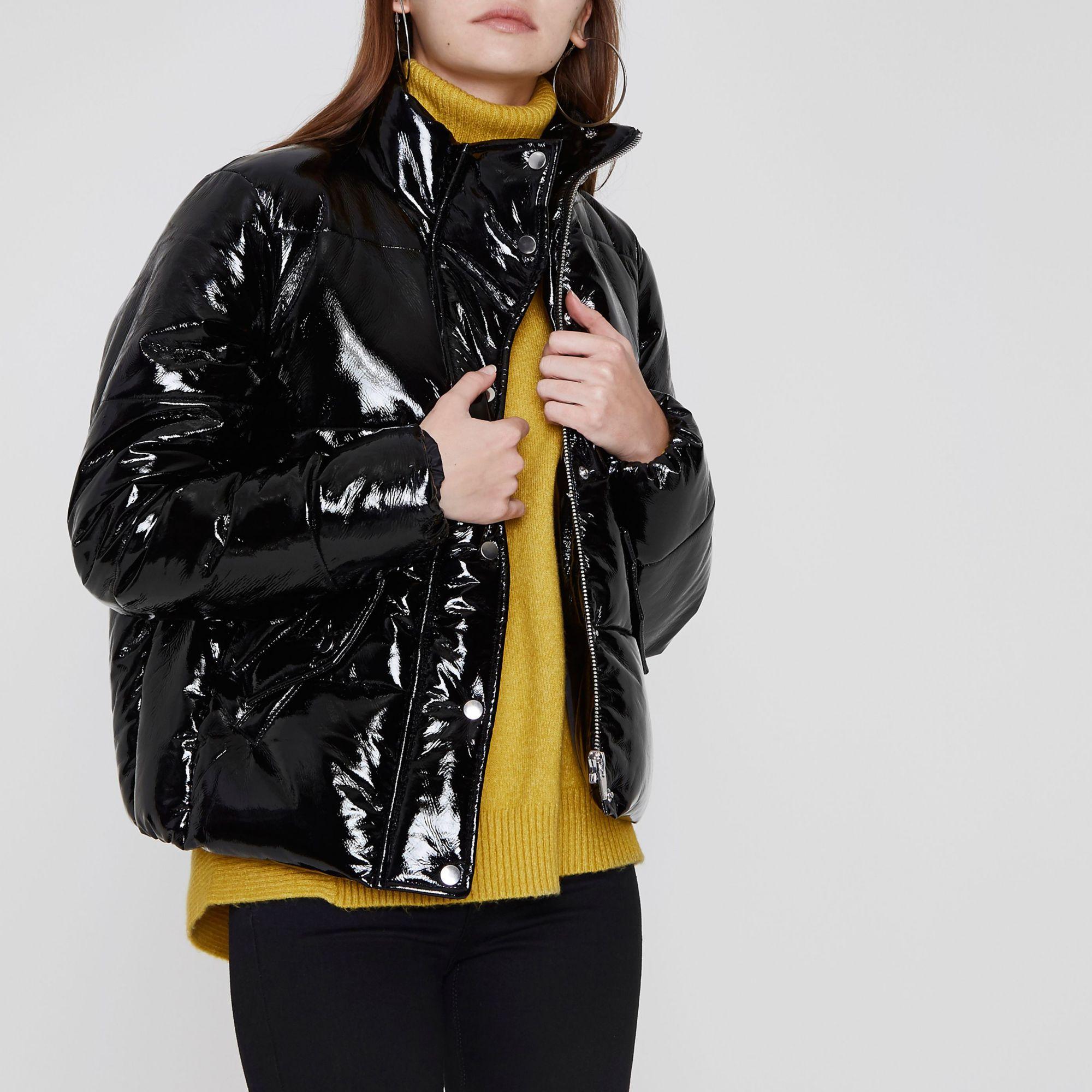 River Island Cotton High Shine Puffer Jacket In Black Lyst