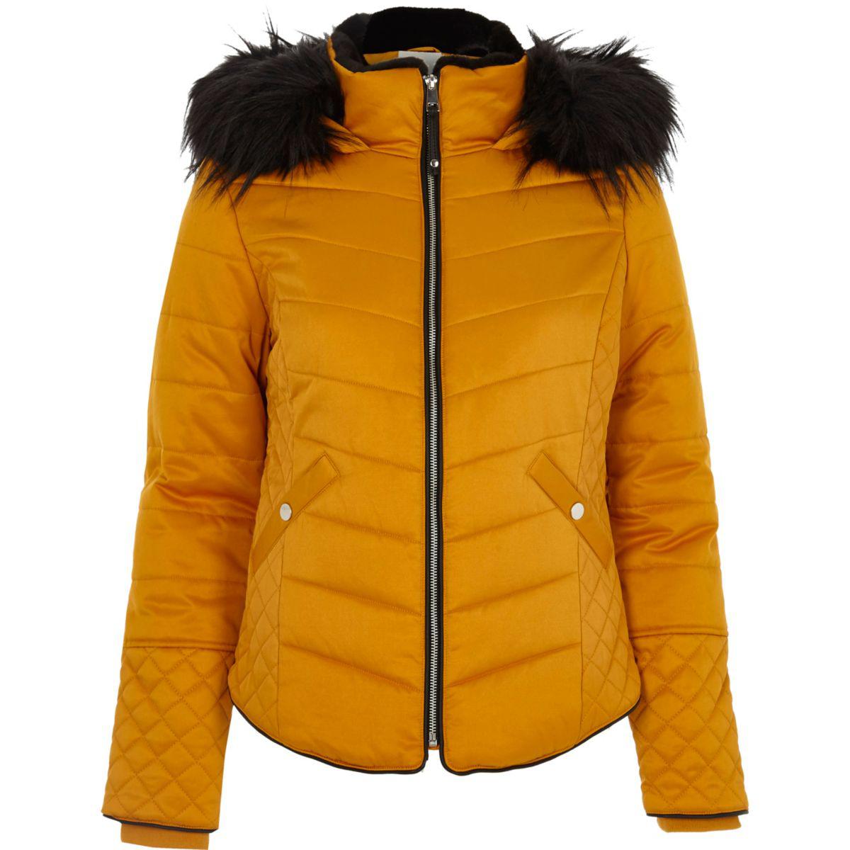 Lyst River Island Yellow Quilted Fur Trim Puffer Jacket in Yellow