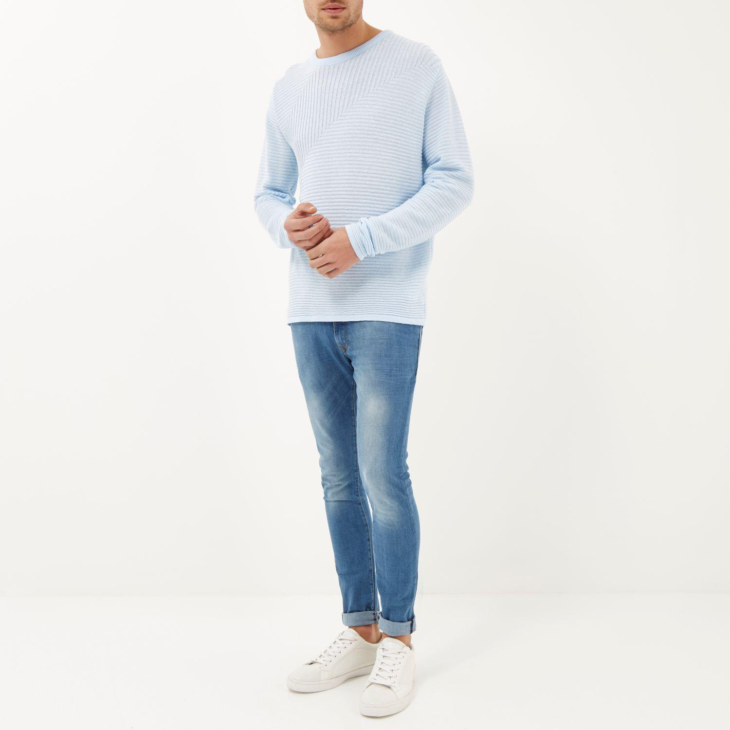 River island Light Blue Ribbed Long Sleeve Jumper in Blue for Men Lyst