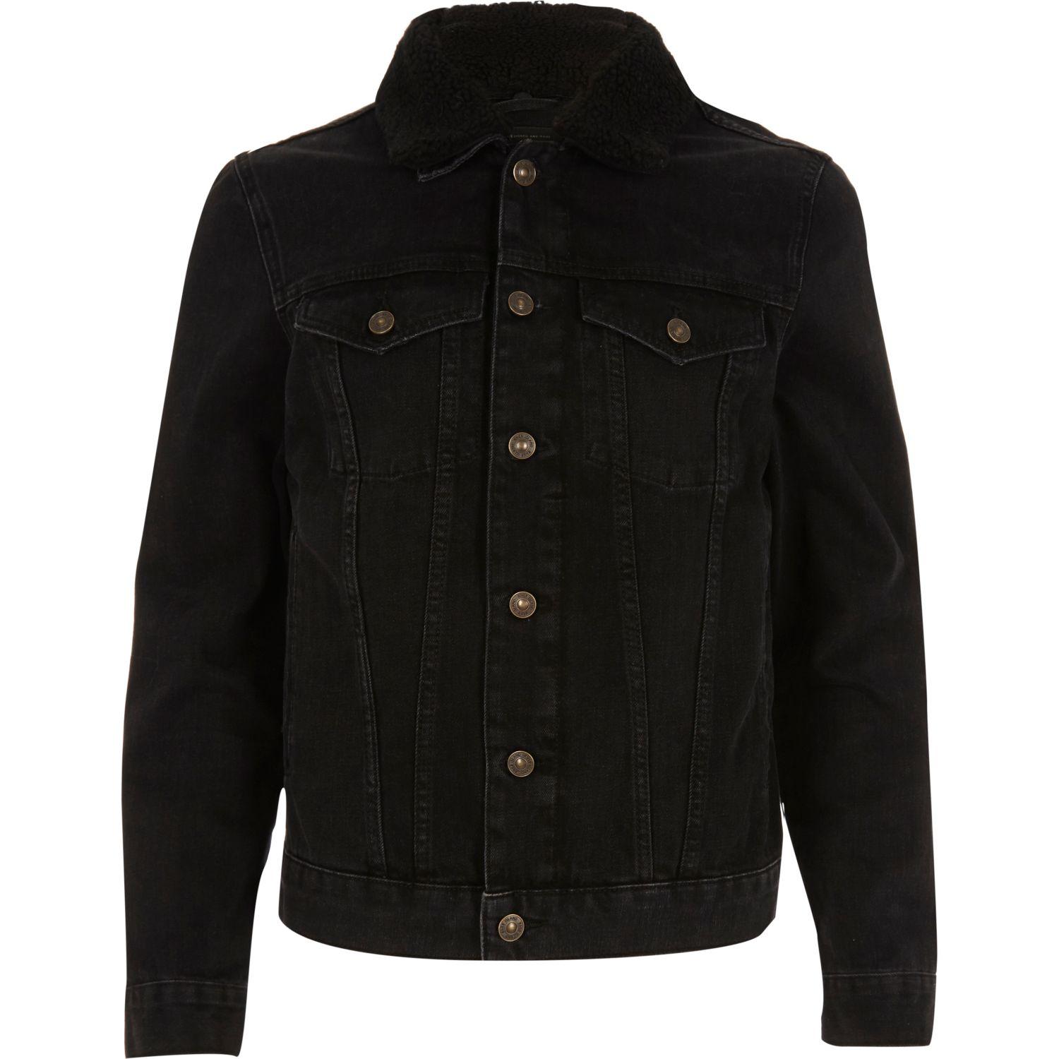 River island Black Washed Borg Collar Denim Jacket in Black for Men | Lyst