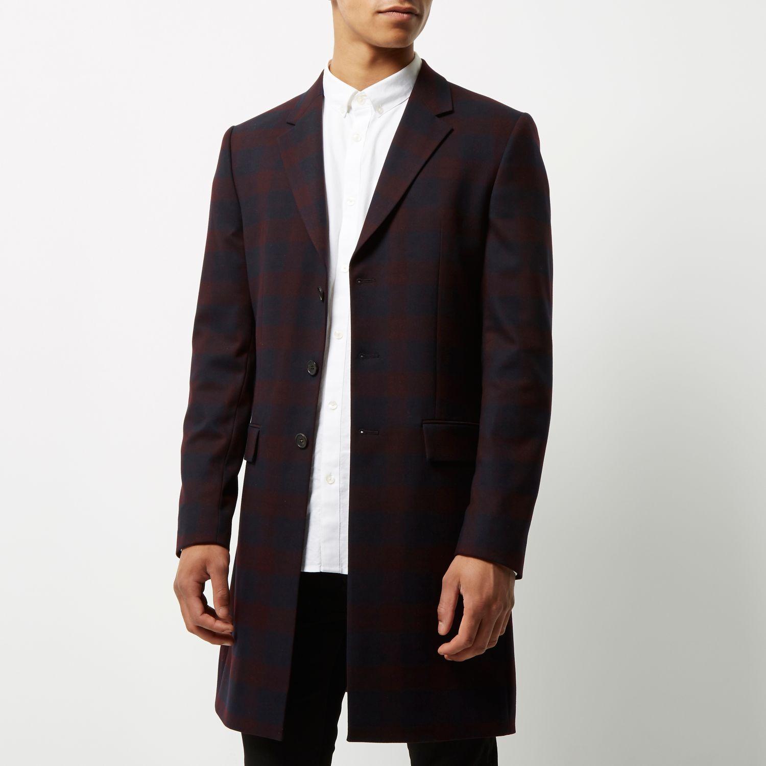 River Island Synthetic Red Tartan Longline Blazer in Blue for Men - Lyst