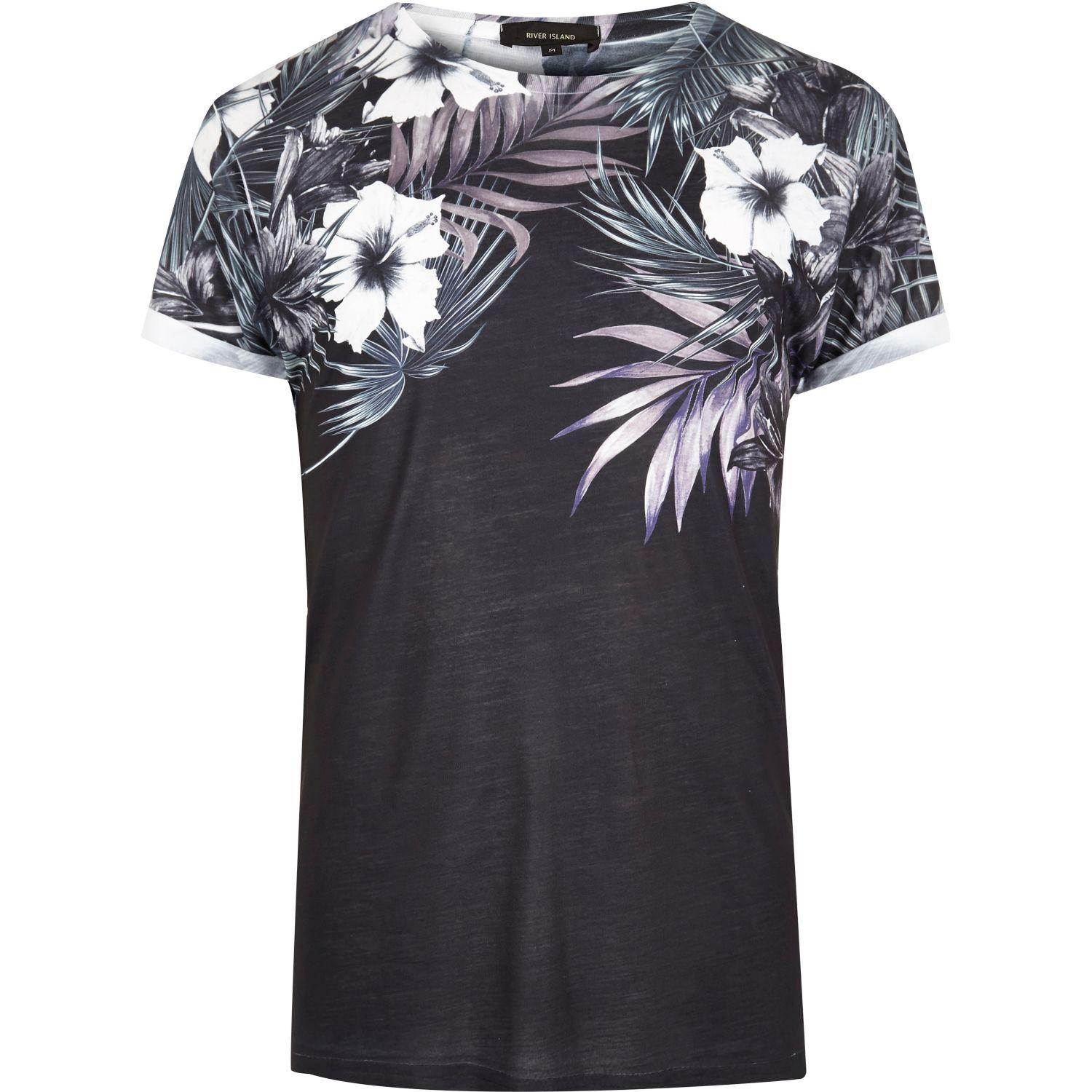 River Island Cotton Black Floral Shoulder Print T-shirt ...