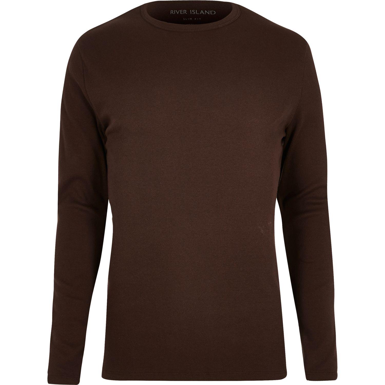 River island Chocolate Brown Ribbed Long Sleeve T-shirt in Brown for ...