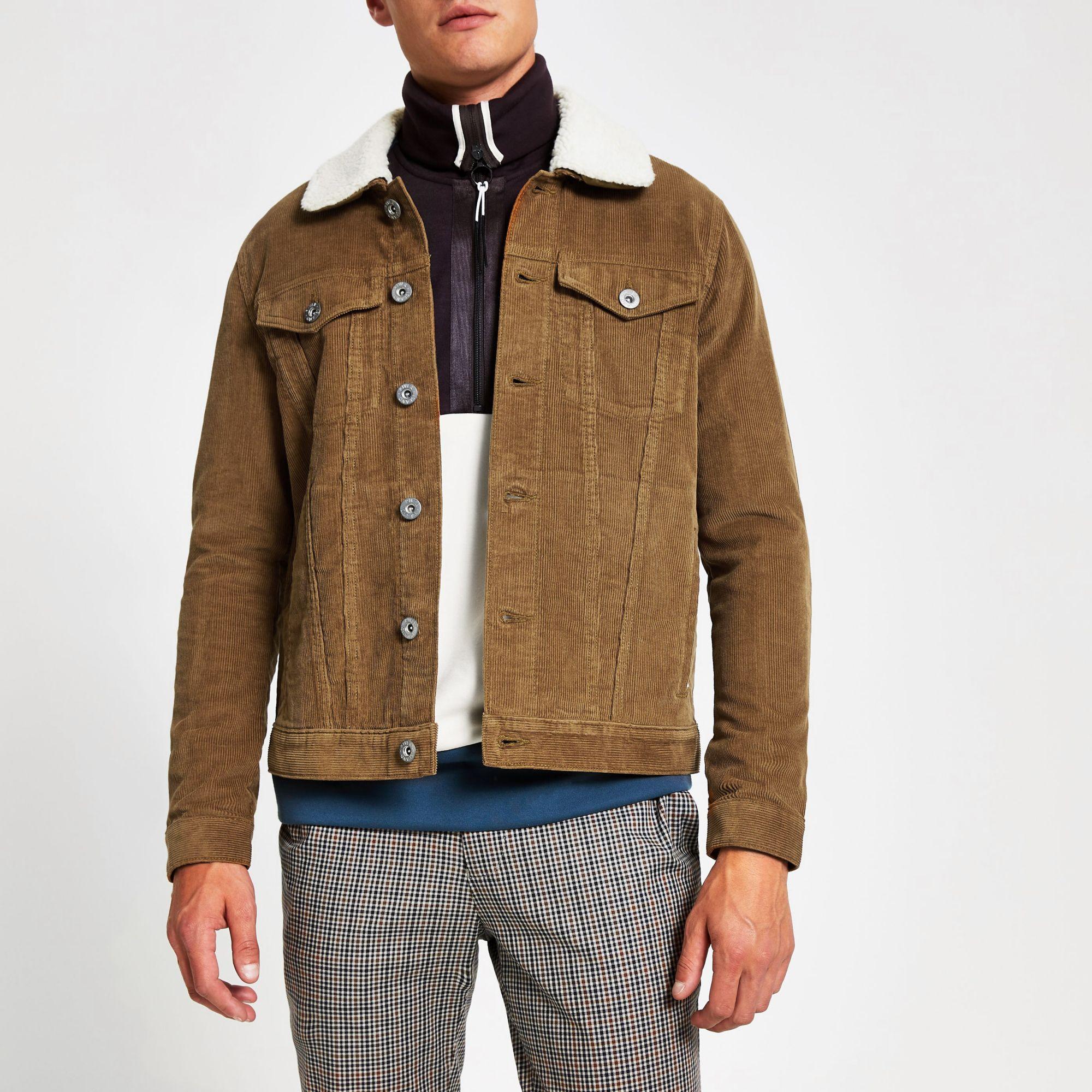 River Island Cotton Light Brown Borg Collar Cord Jacket for Men - Lyst