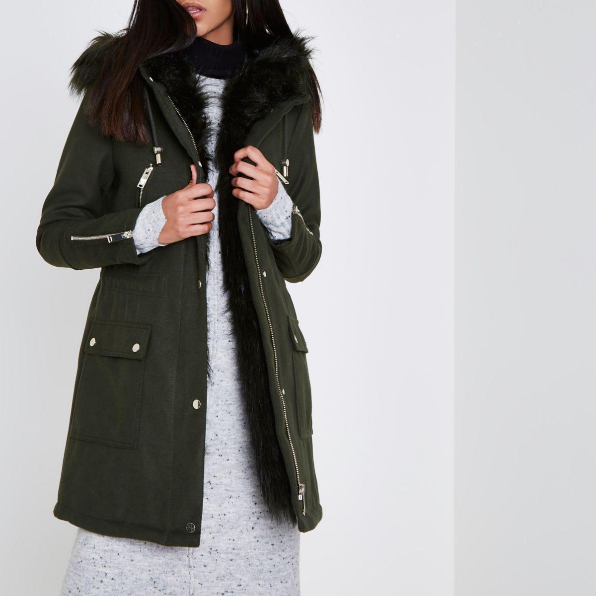 River island Khaki Faux Fur Trim Smart Parka | Lyst