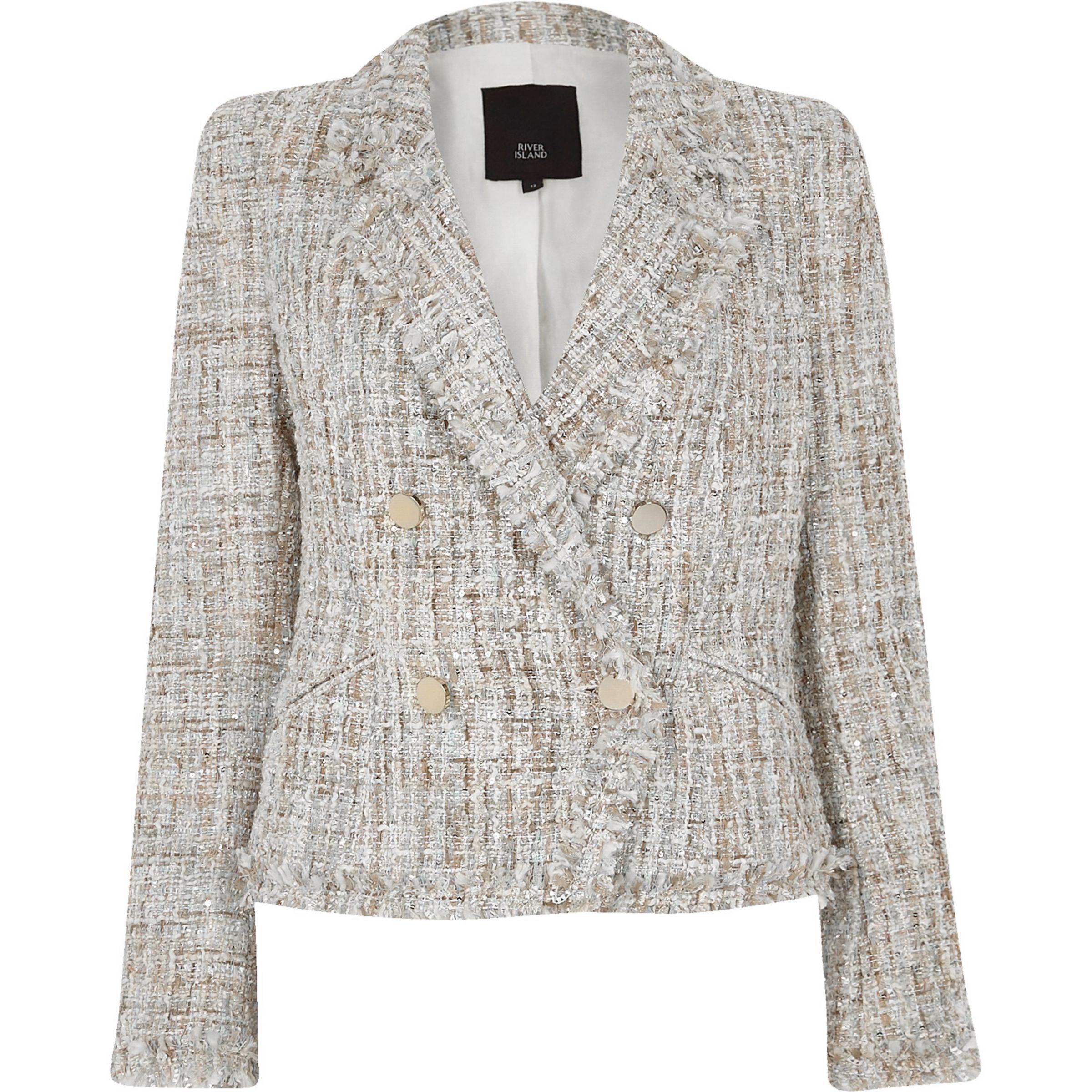 Lyst - River Island Cream Boucle Double-breasted Fitted Jacket in Natural