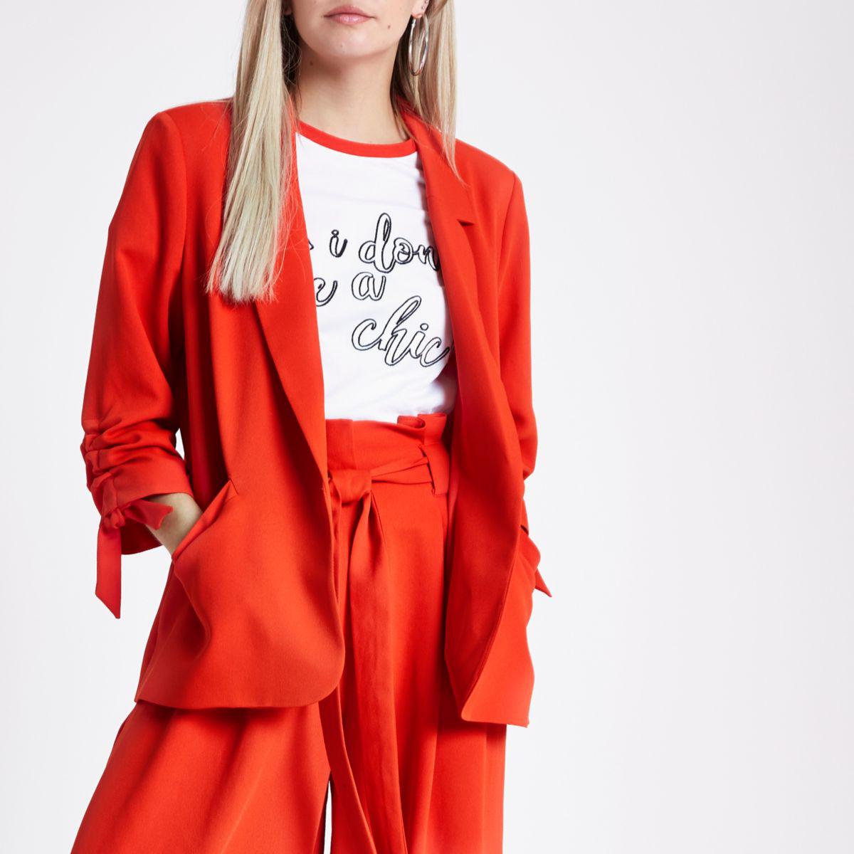 Lyst - River Island Petite Red Ruched Sleeve Blazer Petite Red Ruched ...