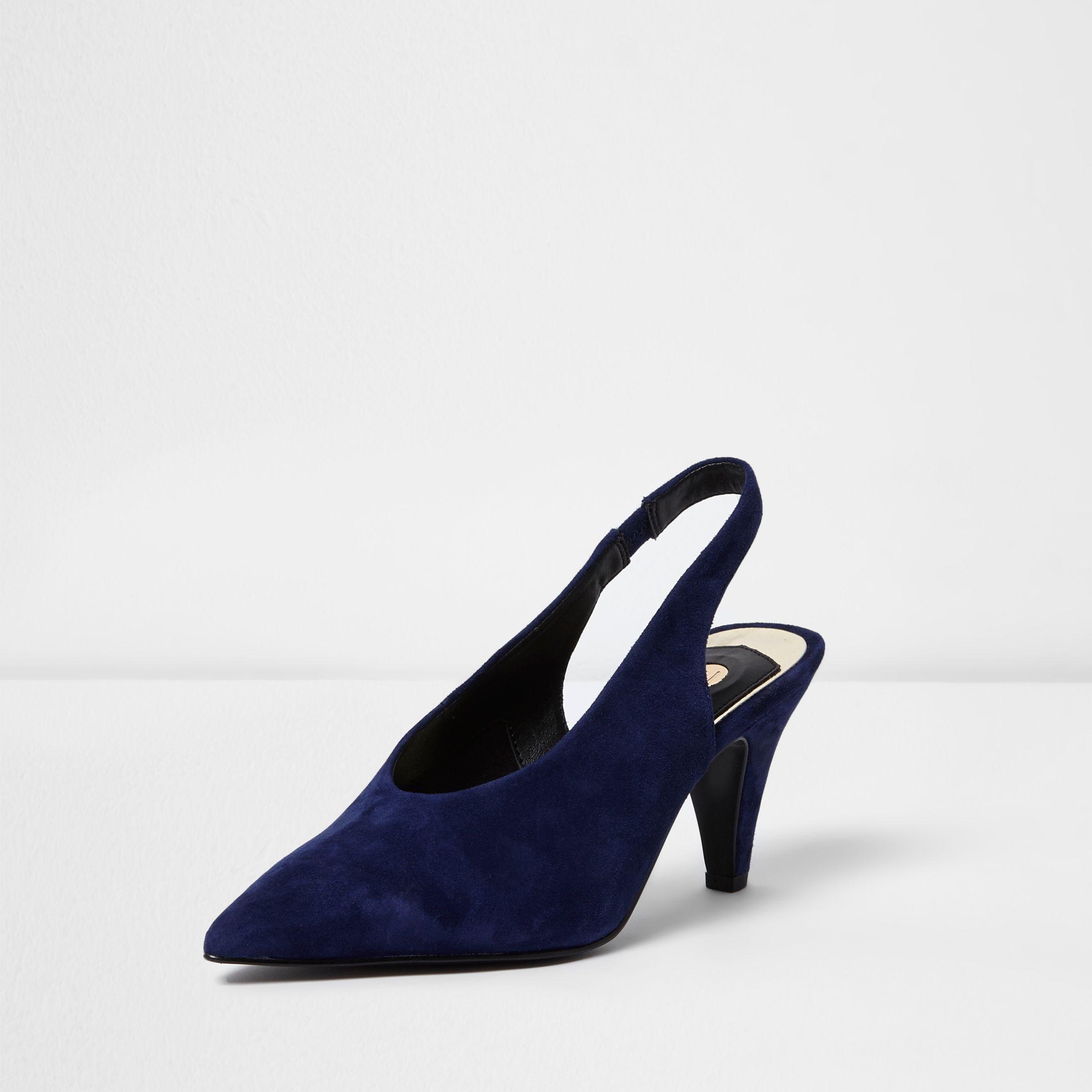 River Island Navy Suede Slingback Kitten Heel Shoes in Blue - Lyst