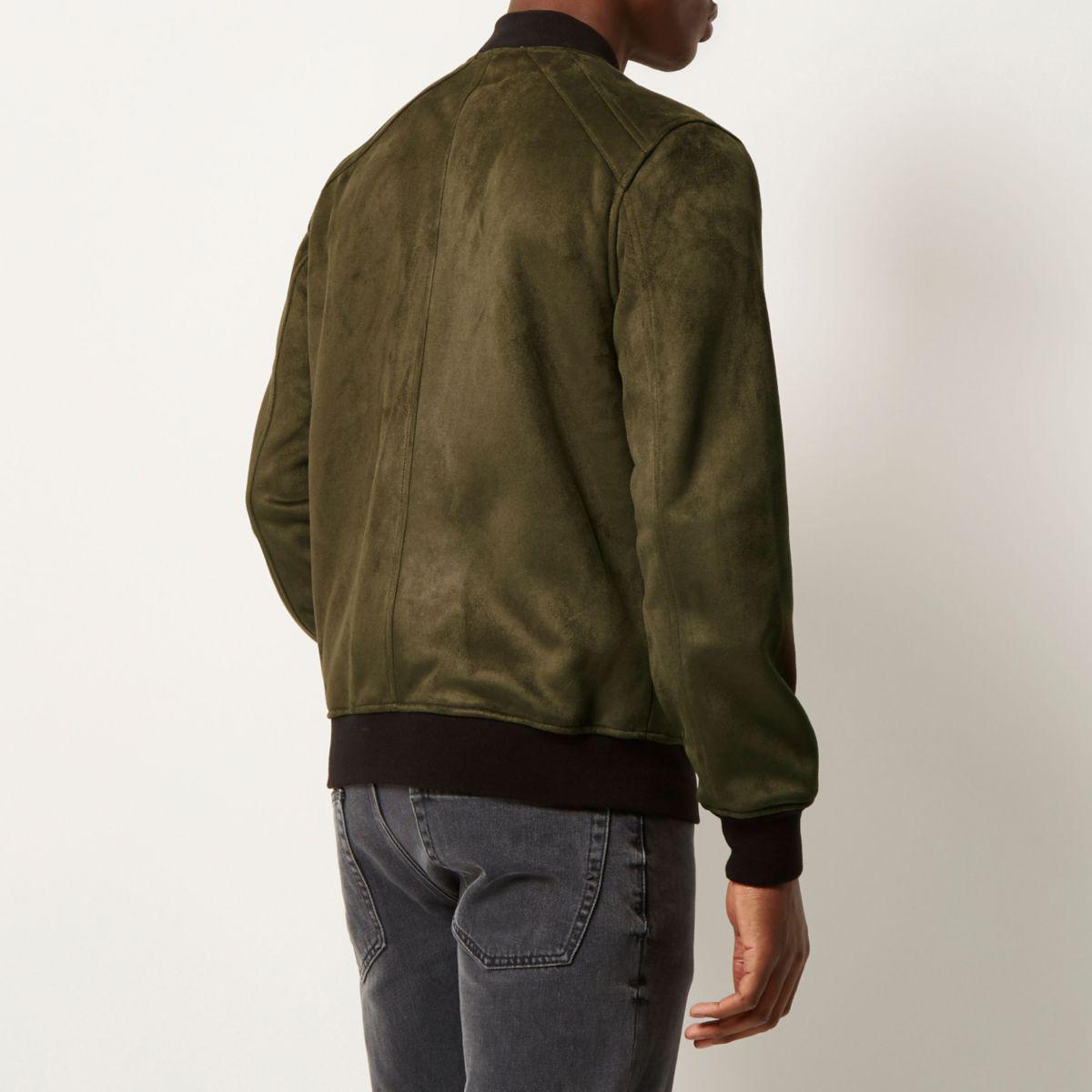 Lyst - River Island Green Faux Suede Bomber Jacket in Green for Men