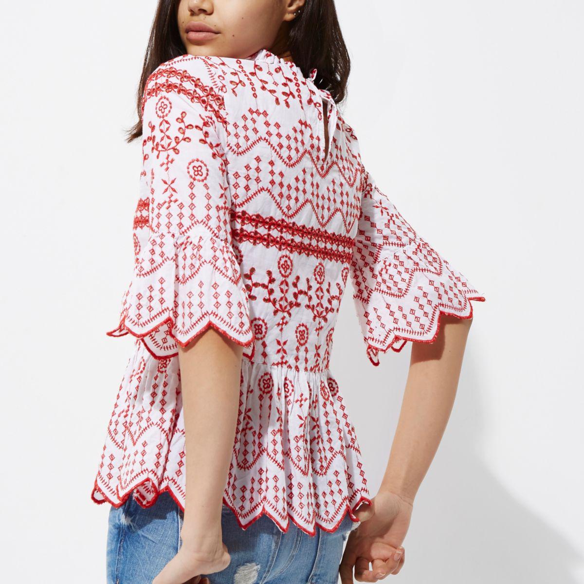 Lyst River  Island  Red  Embroidered Long  Sleeve  Smock Top 