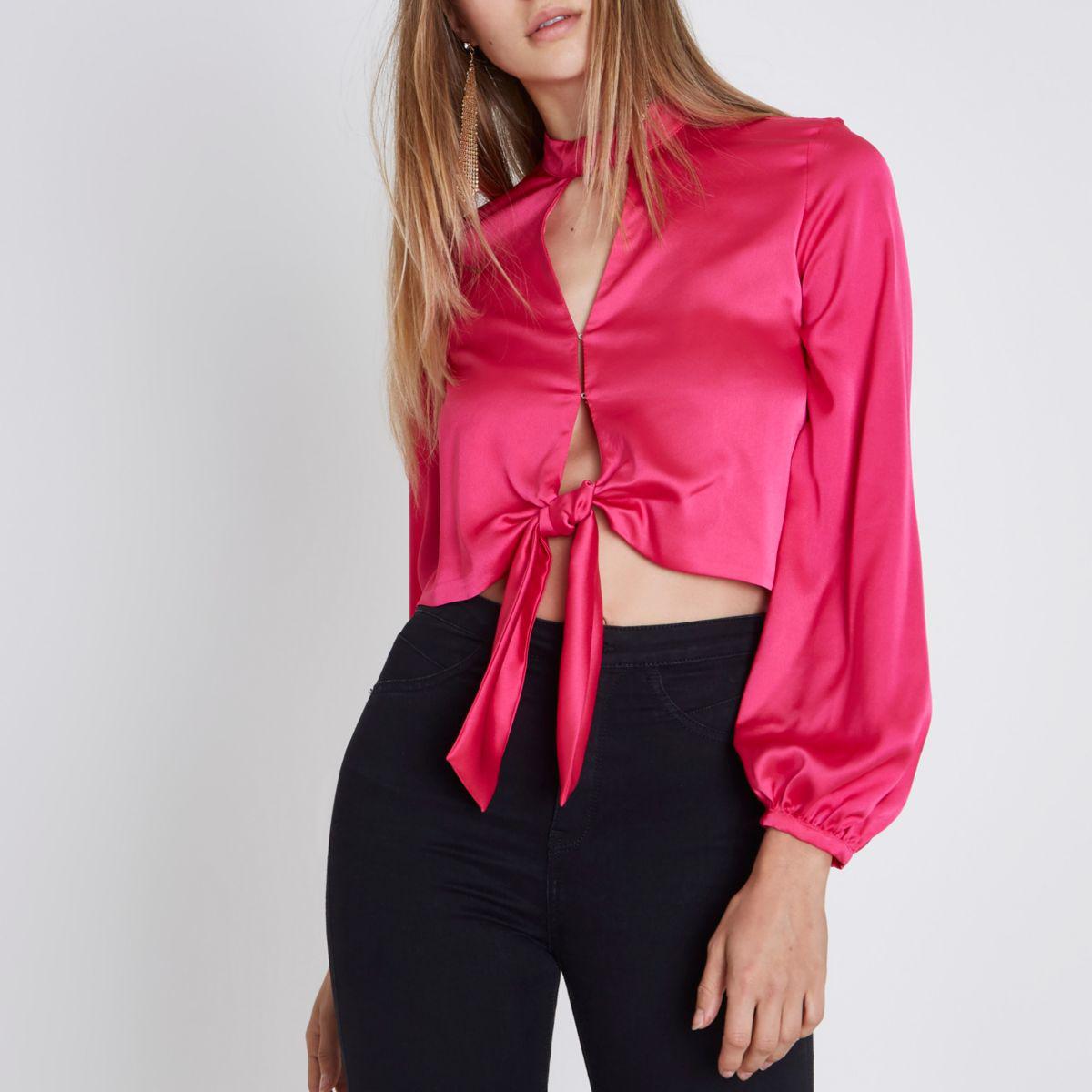  River  island  Bright  Pink  Satin Choker Long  Sleeve  Crop Top 