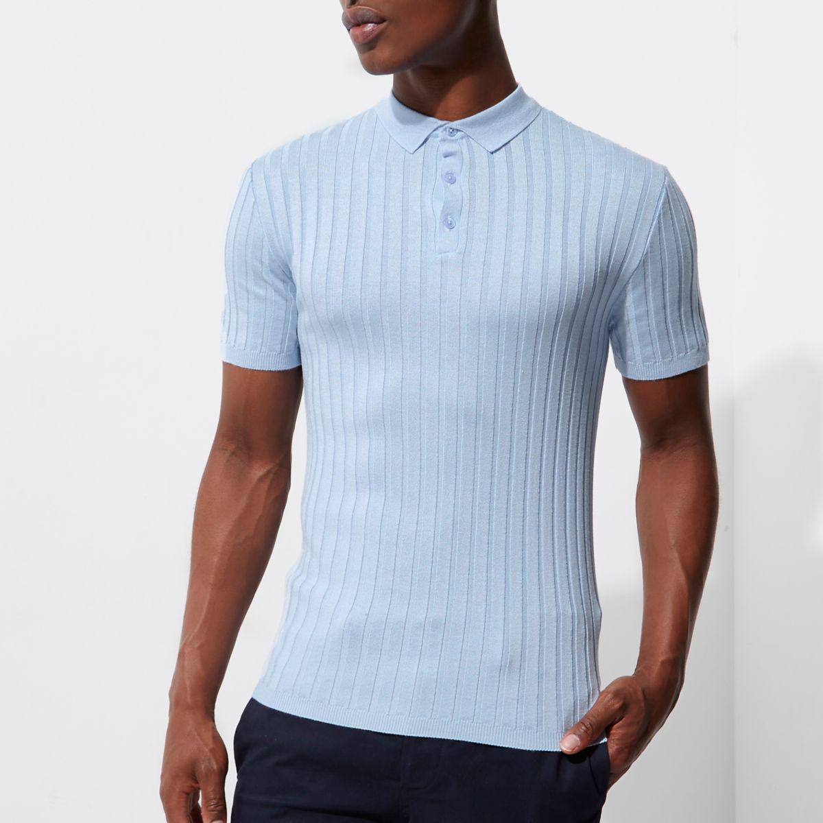 River island Light Blue Muscle Fit Ribbed Knit Polo Shirt in Blue for