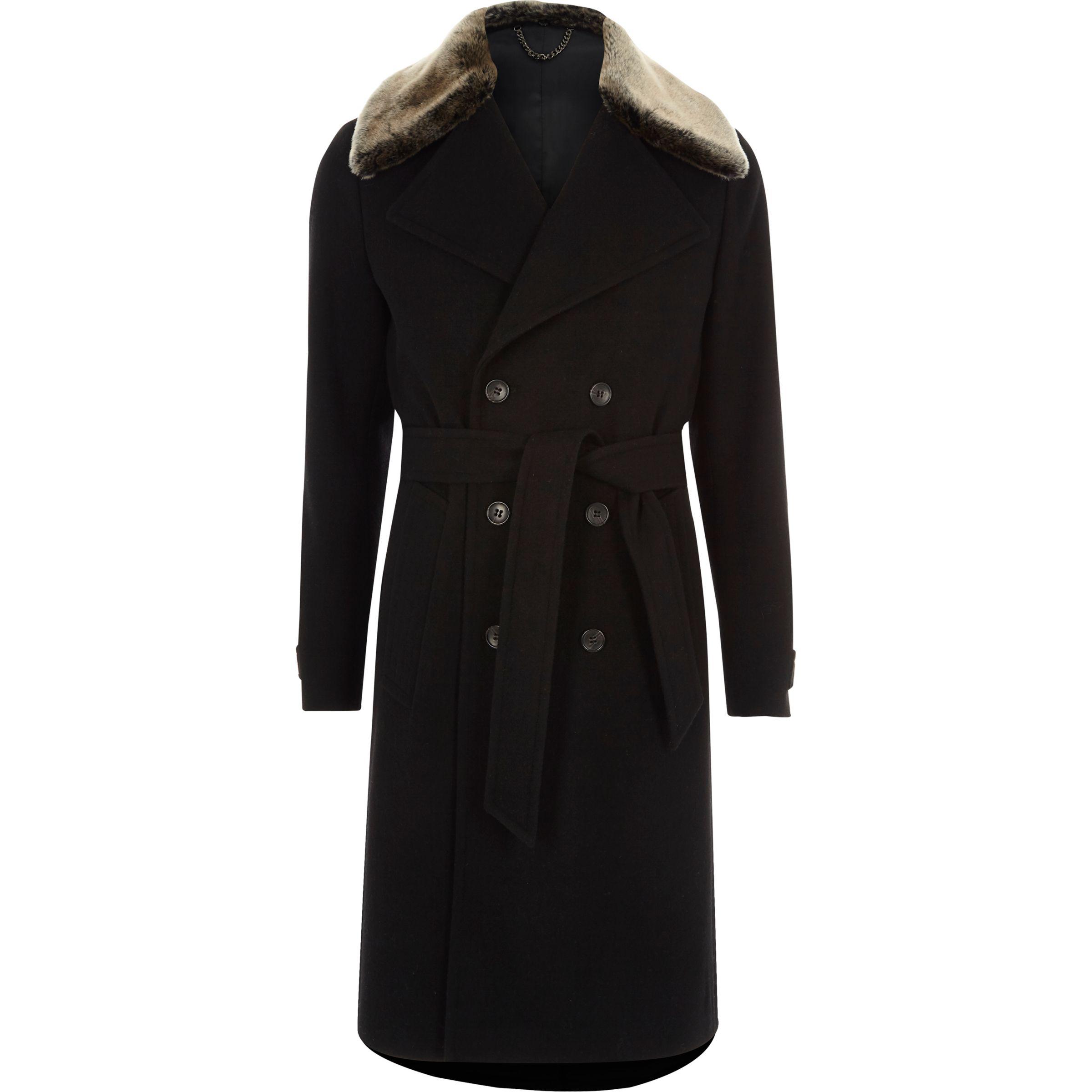 Lyst - River Island Black Faux Fur Collar Belted Trench Coat in Black ...