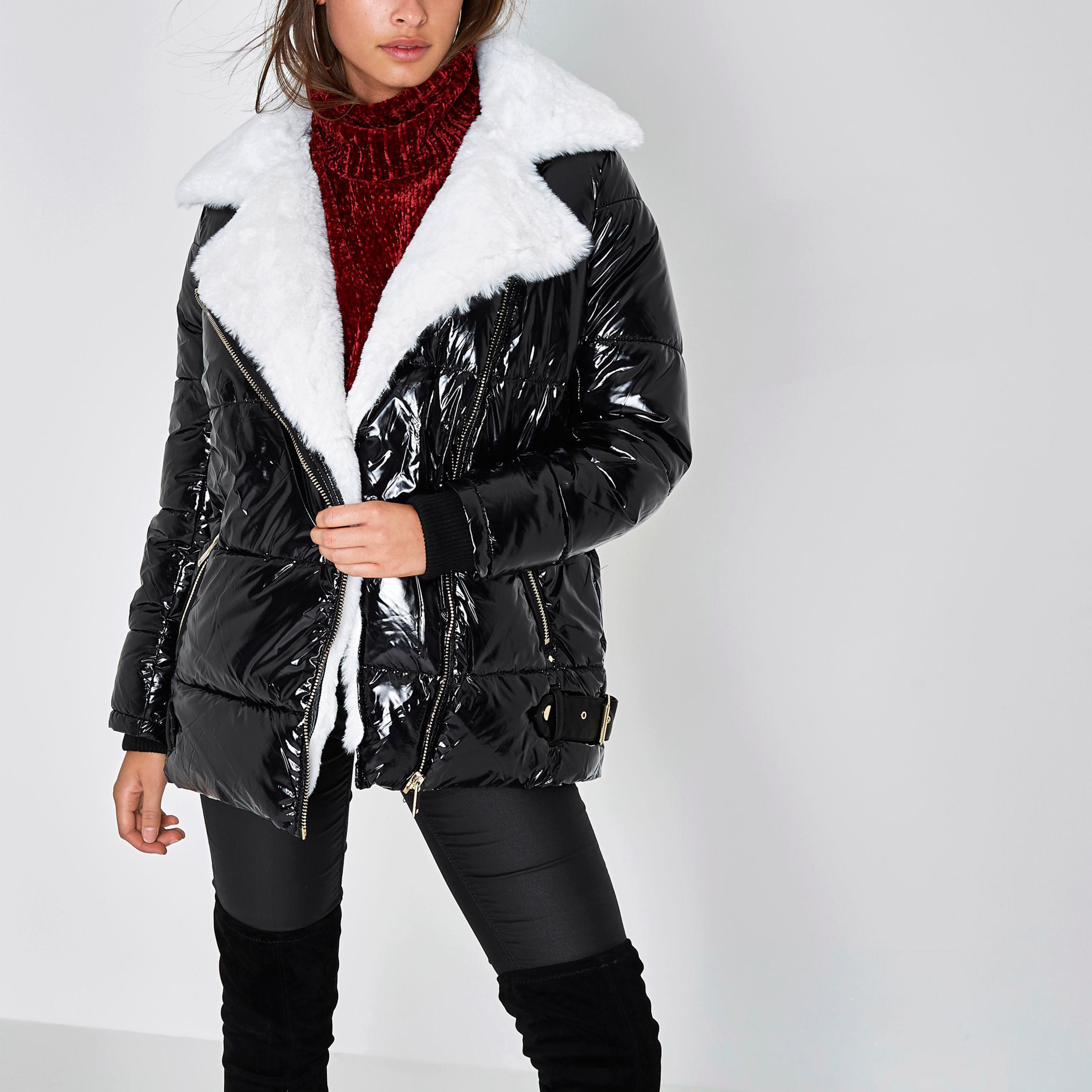 River Island Black High Shine Faux Fur Aviator Jacket In Lyst Gallery