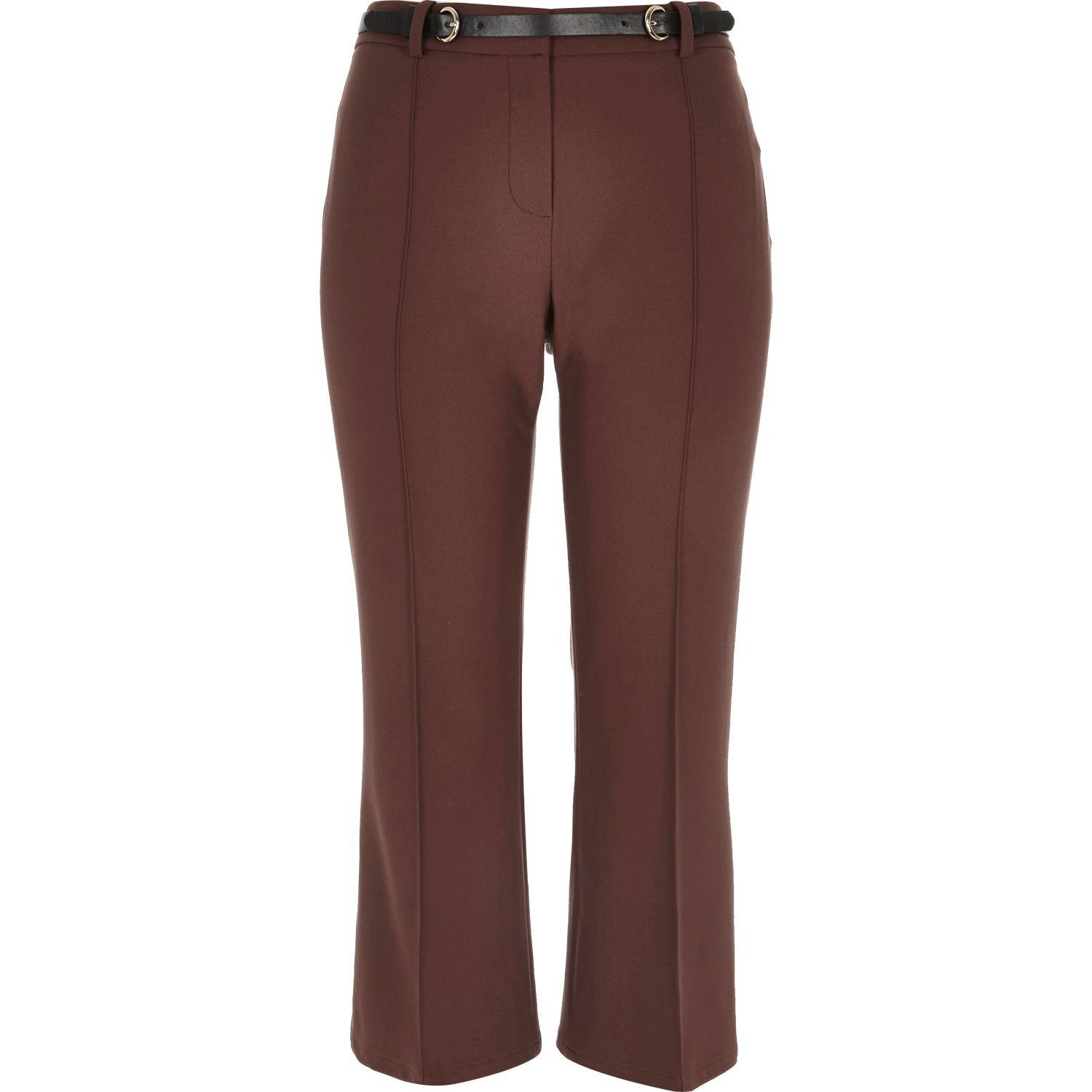 River island Brown Cropped Kick Flare Trousers in Brown | Lyst