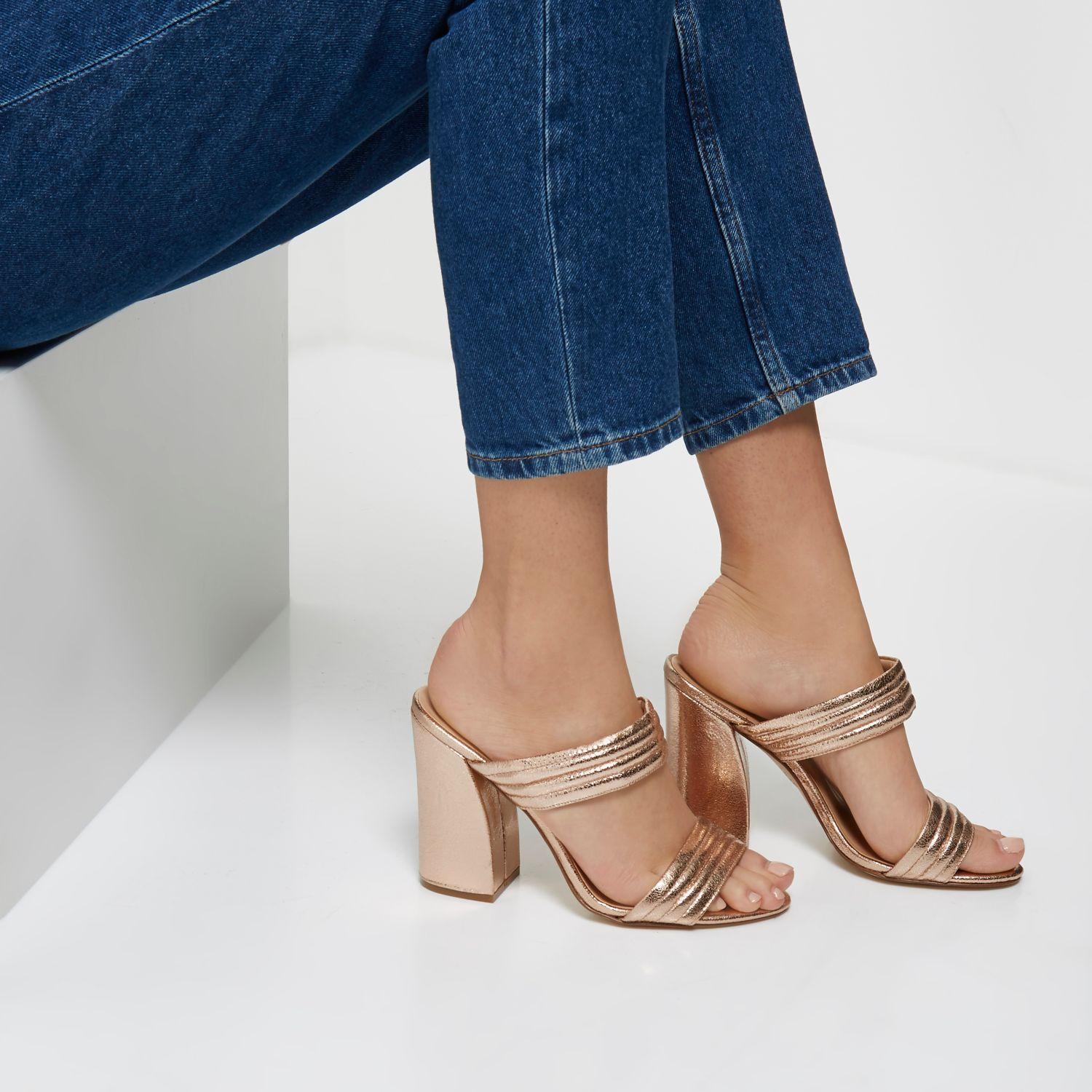 Lyst - River Island Rose Gold Tone Strappy Heeled Mules in Pink