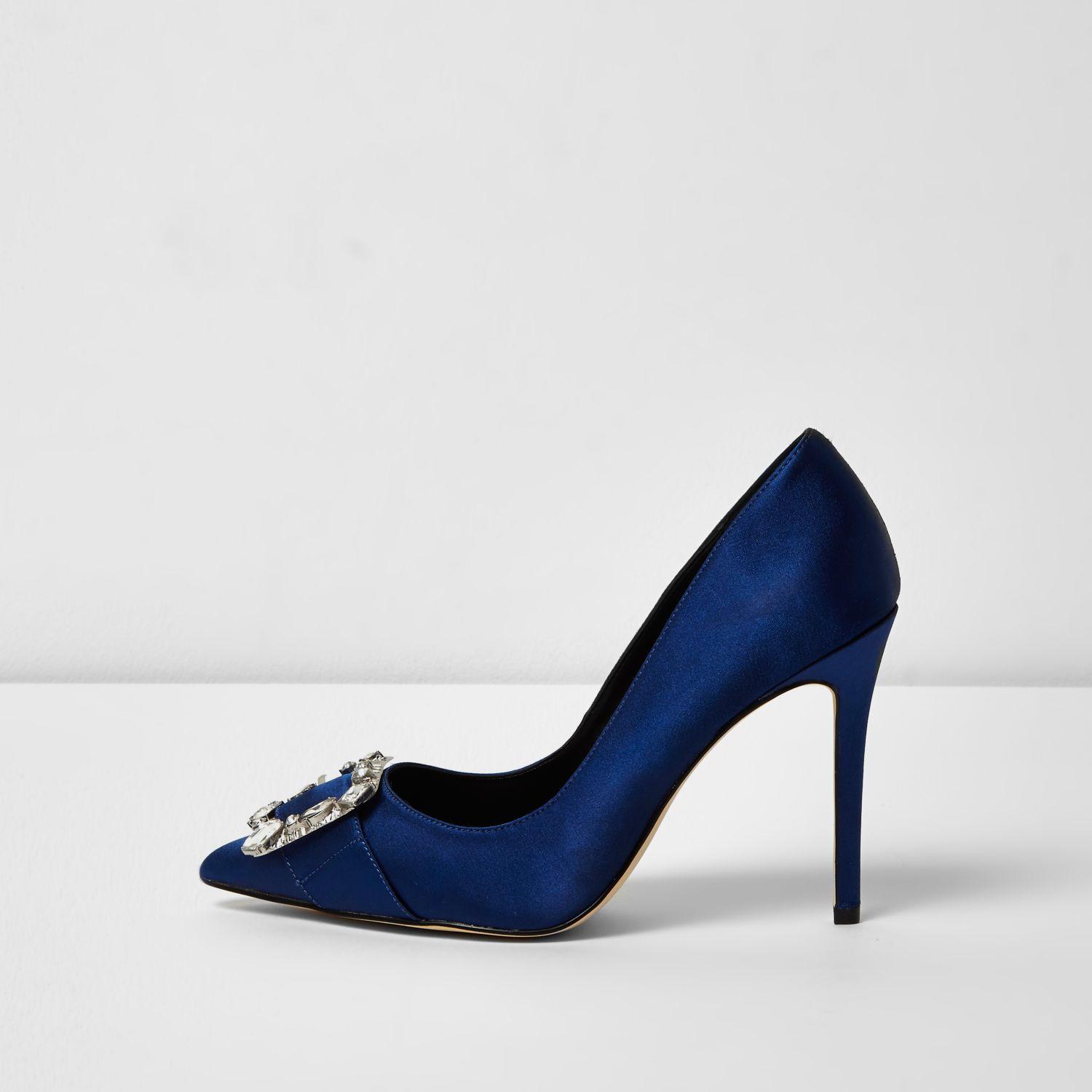 River Island Navy Satin Buckle Court Shoes in Blue - Lyst