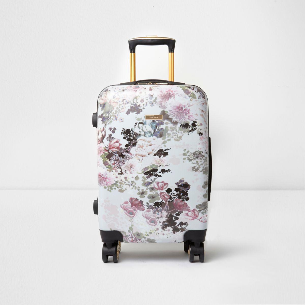 Lyst - River Island Pink Floral Print Plastic Four Wheel Suitcase Pink ...